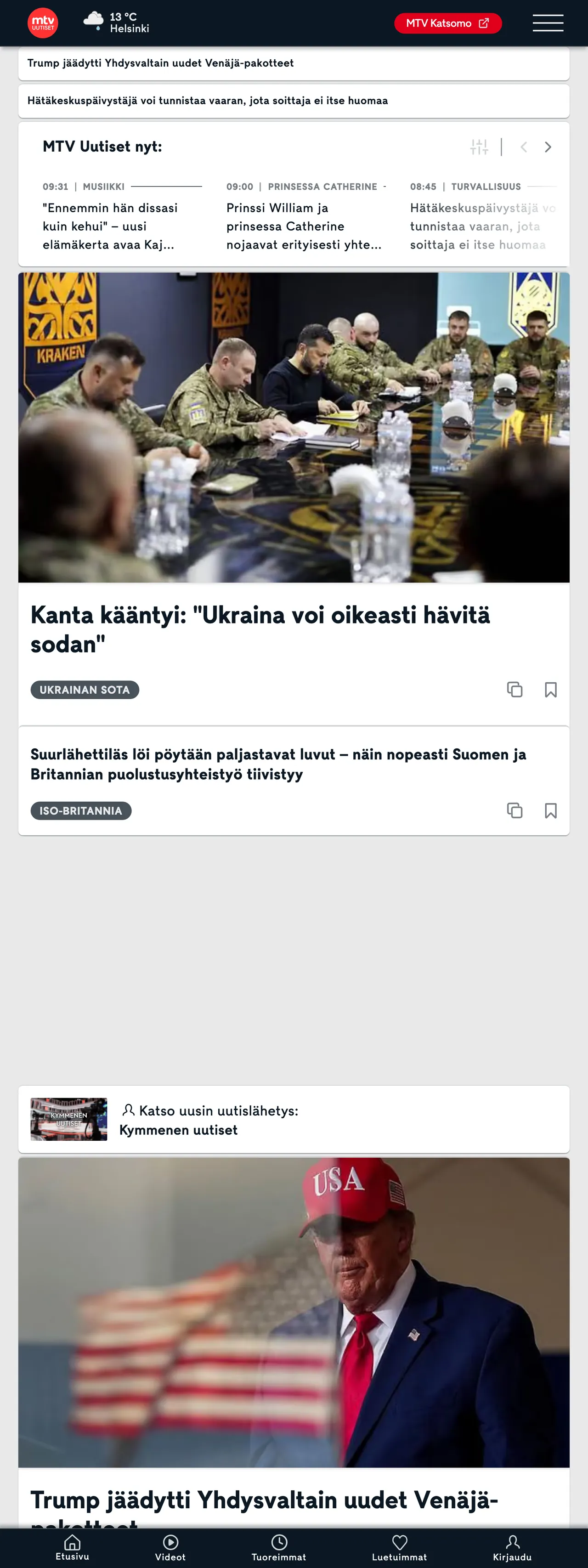 Screenshot of the MTV Uutiset front page