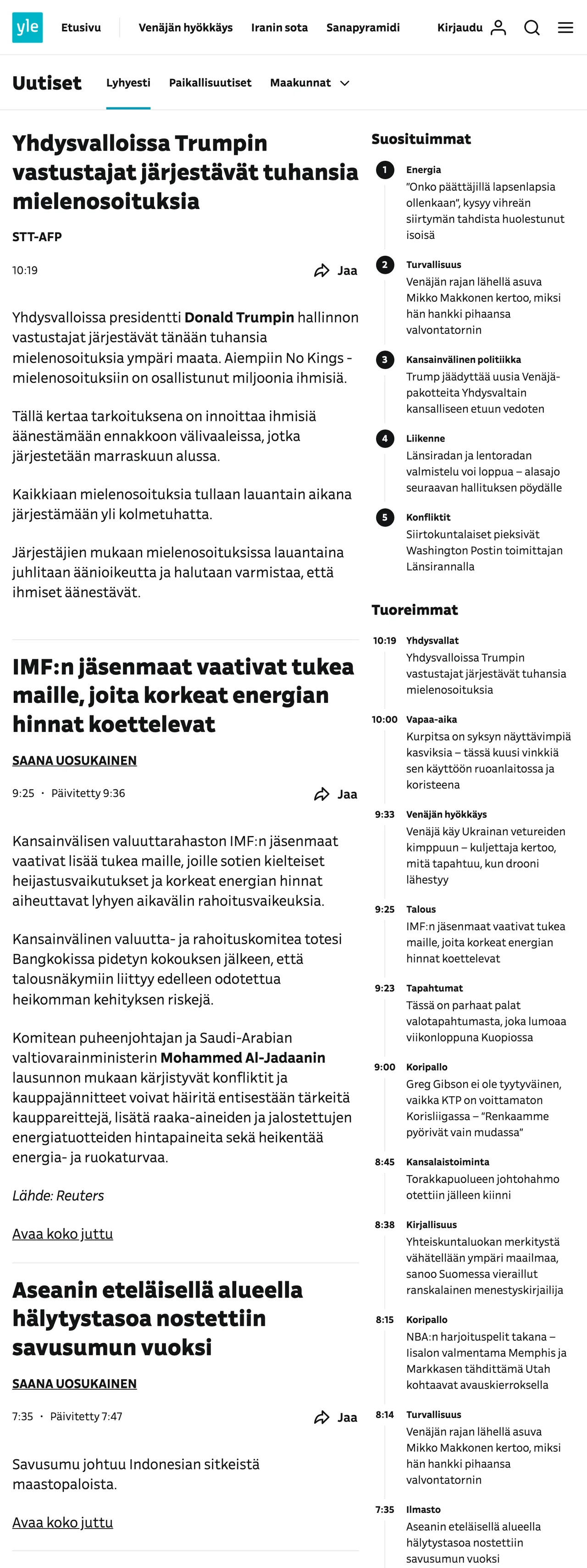 Screenshot of the Yle front page