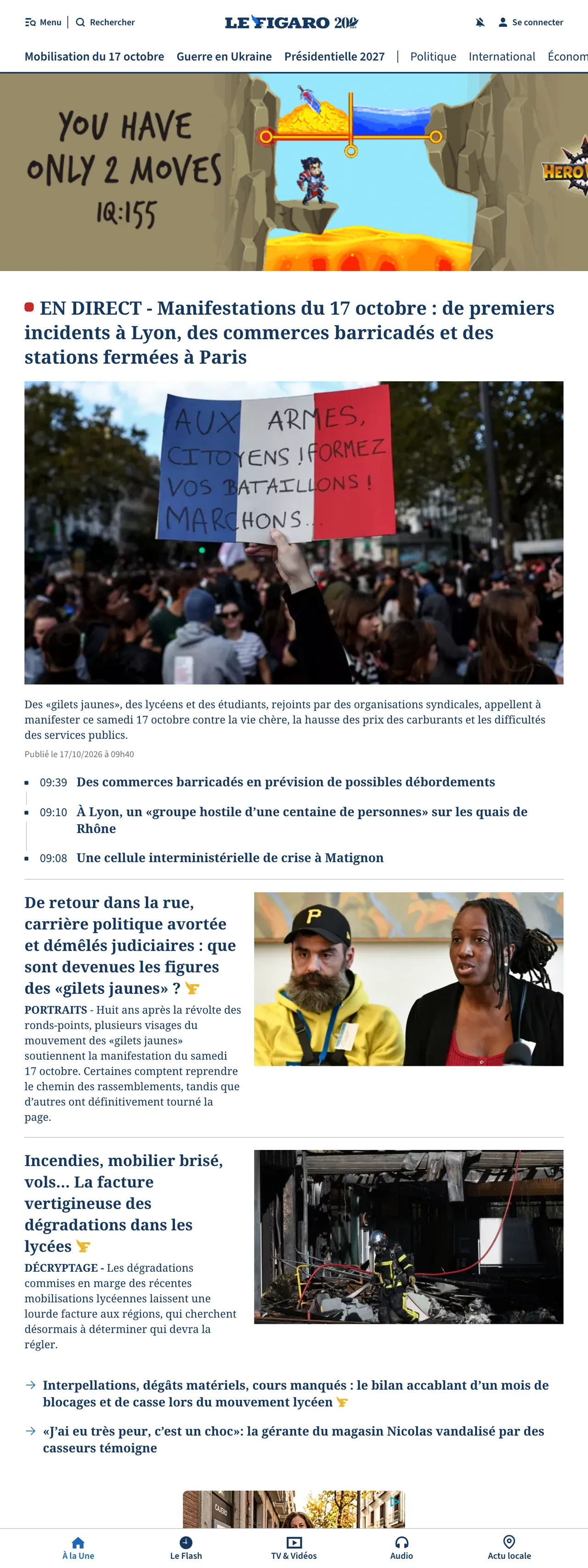 Screenshot of the Le Figaro front page