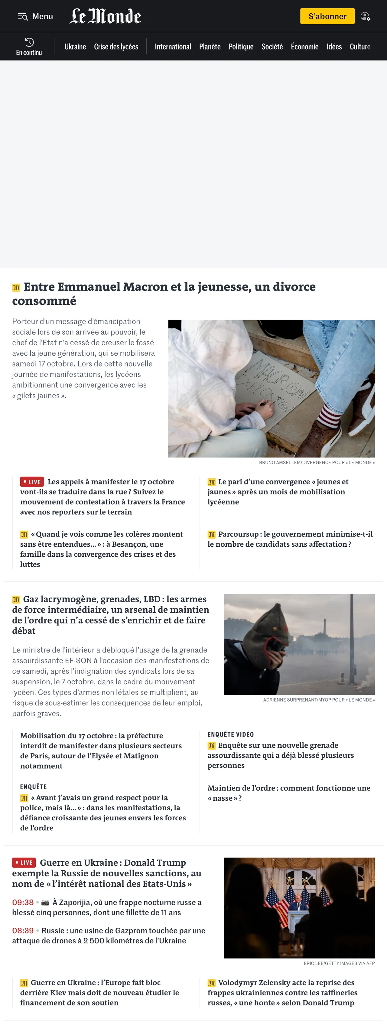 Screenshot of the Le Monde front page