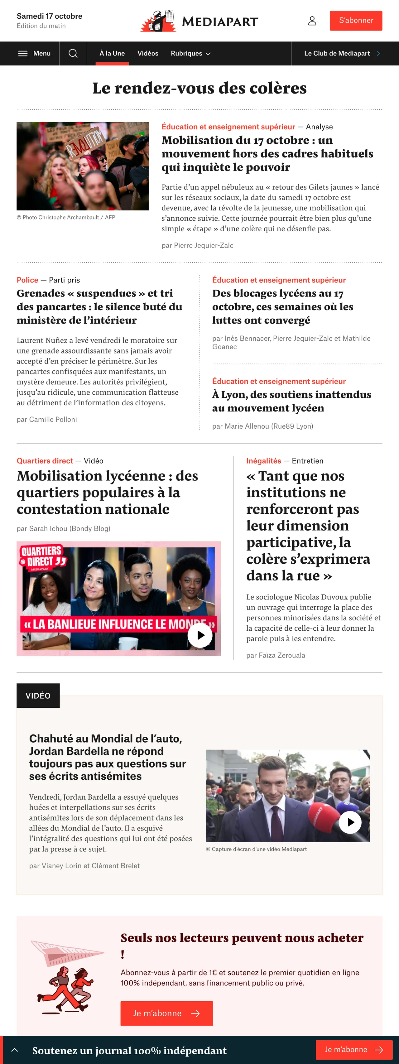 Screenshot of the Mediapart front page