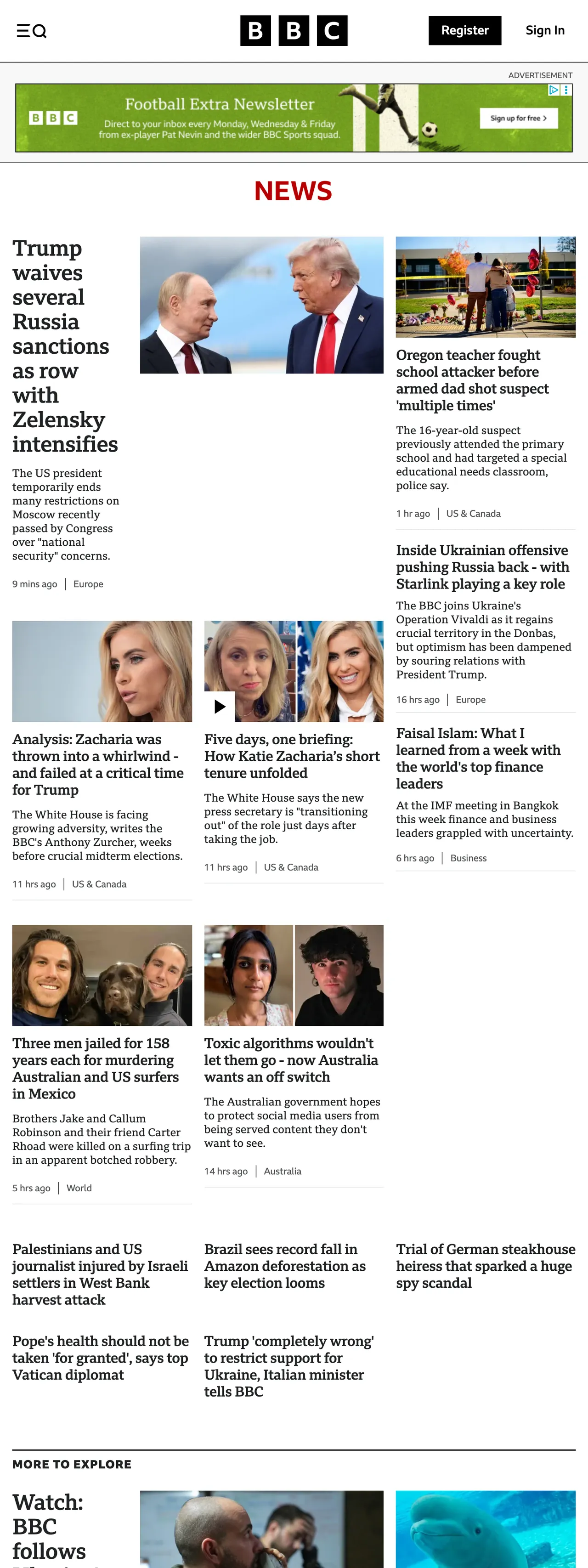 Screenshot of the BBC News front page