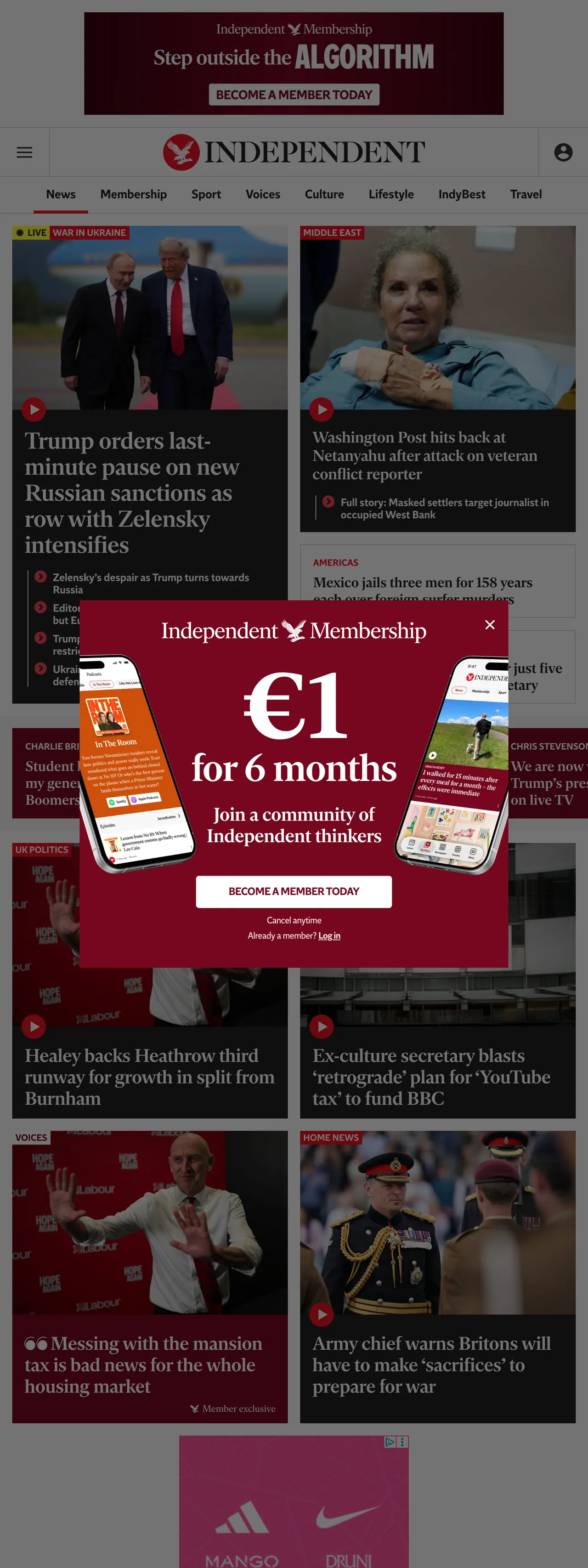 Screenshot of the The Independent front page