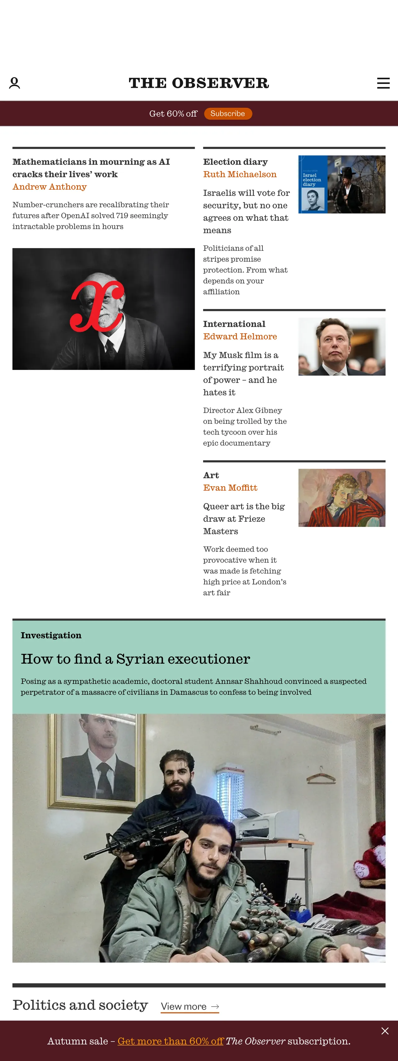 Screenshot of the The Observer front page