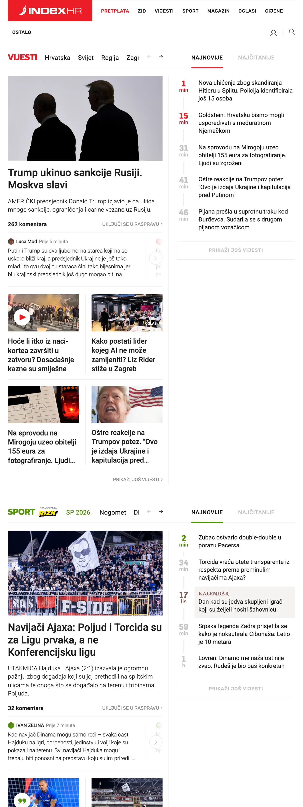 Screenshot of the Index.hr front page