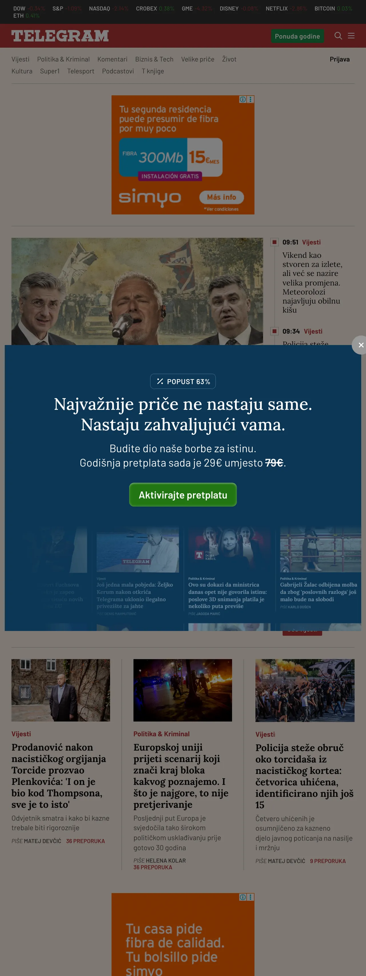 Screenshot of the Telegram.hr front page