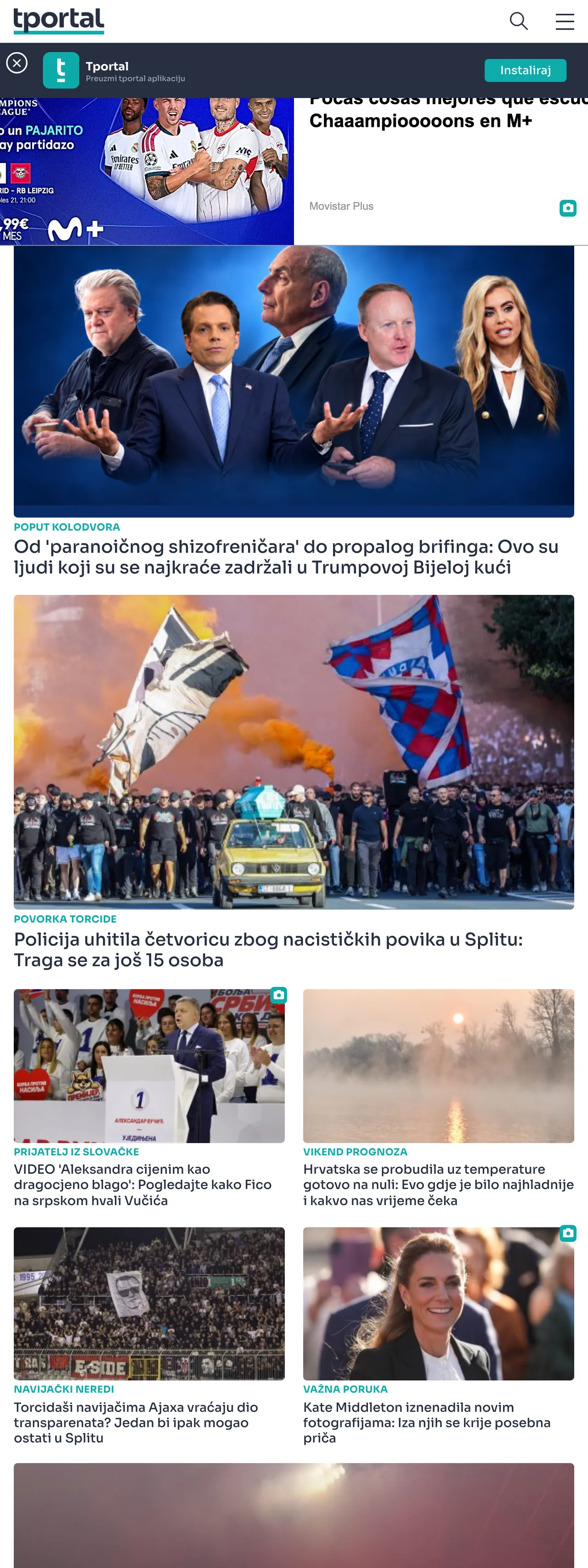 Screenshot of the tportal front page