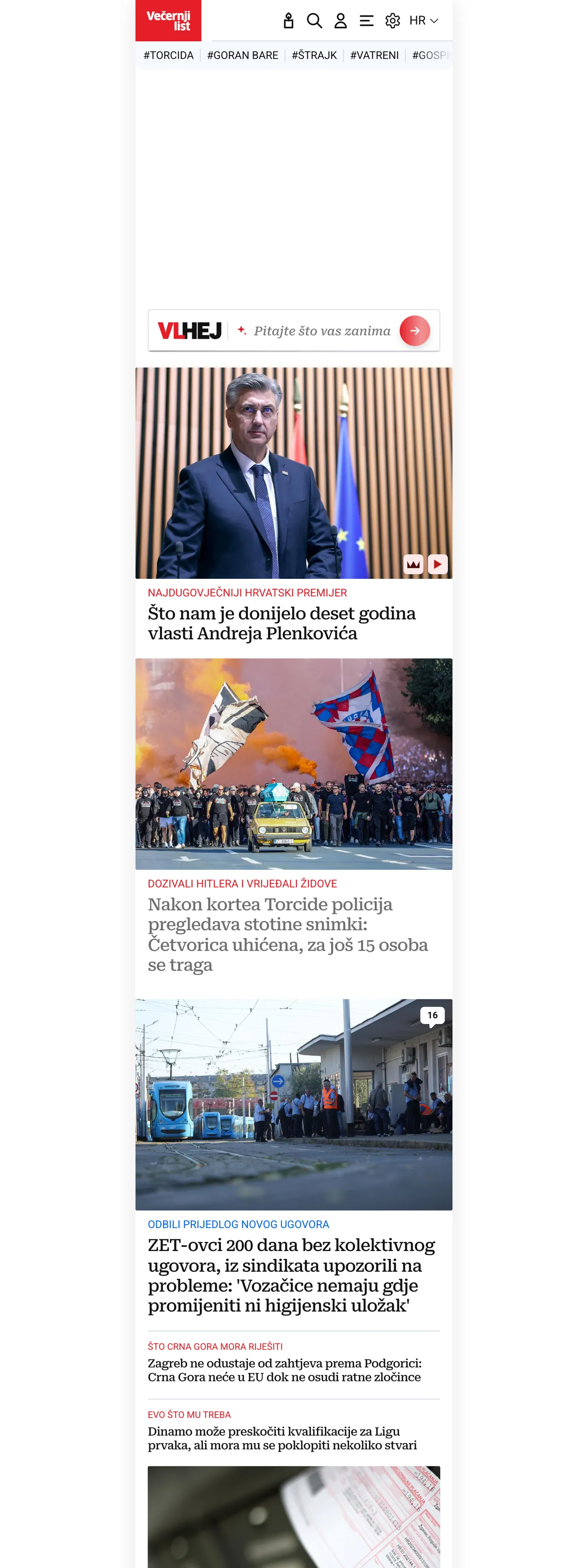 Screenshot of the Večernji list front page