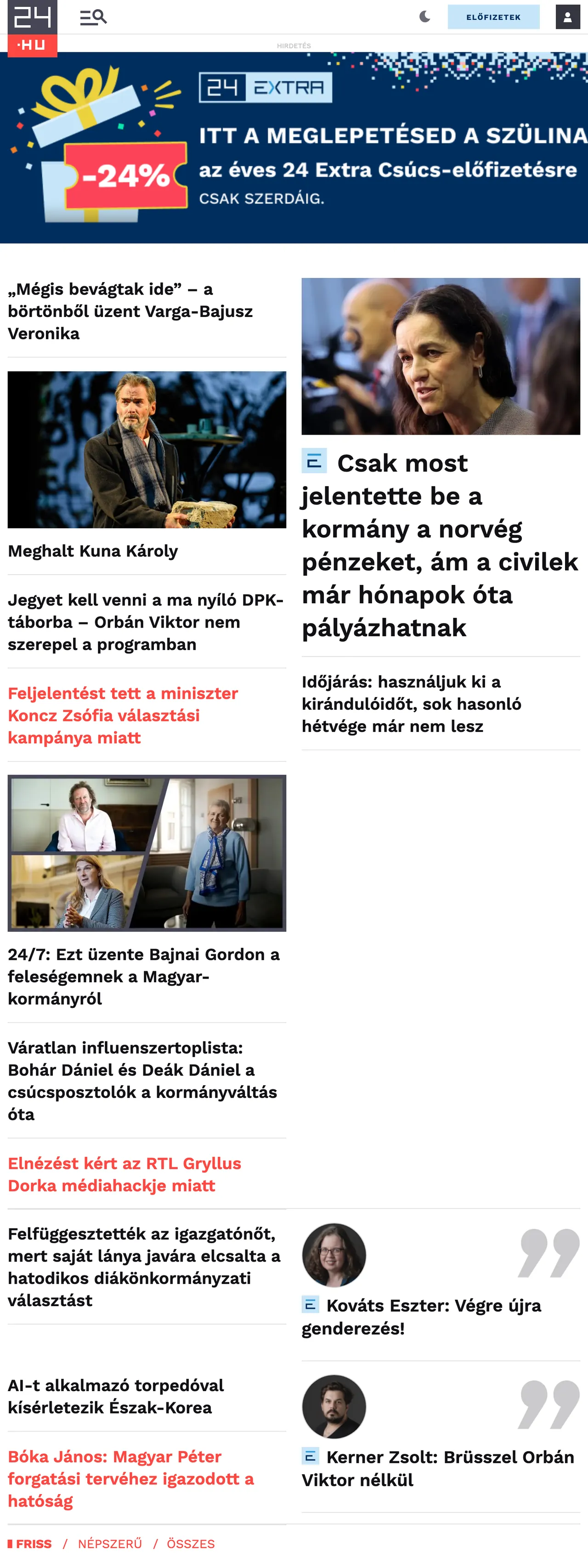 Screenshot of the 24.hu front page