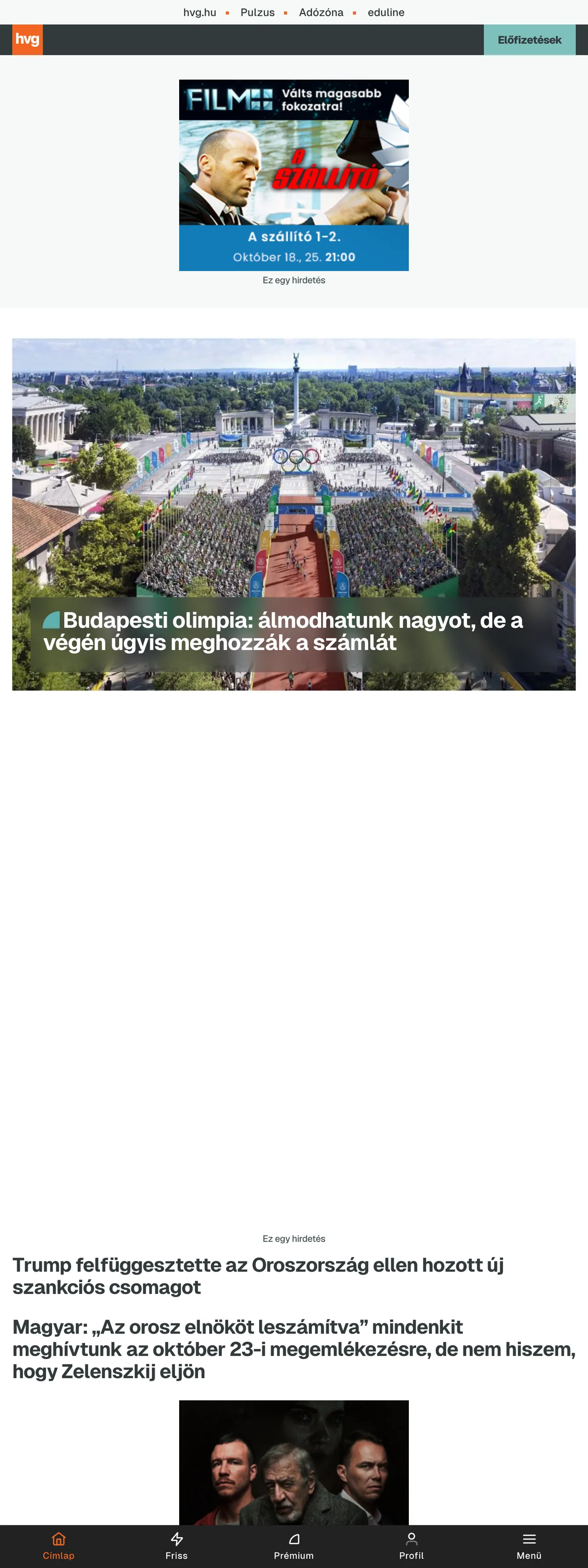 Screenshot of the HVG front page