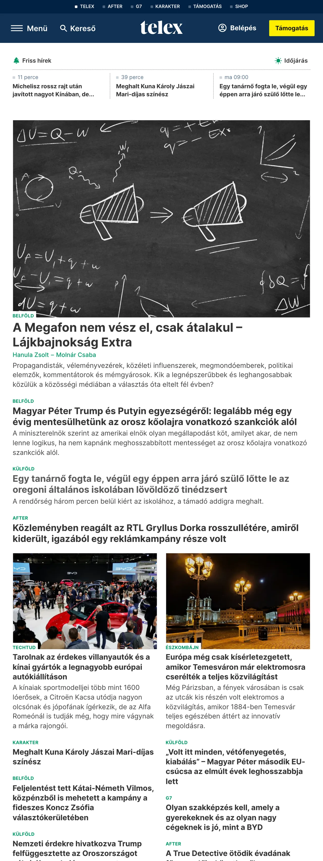 Screenshot of the Telex front page
