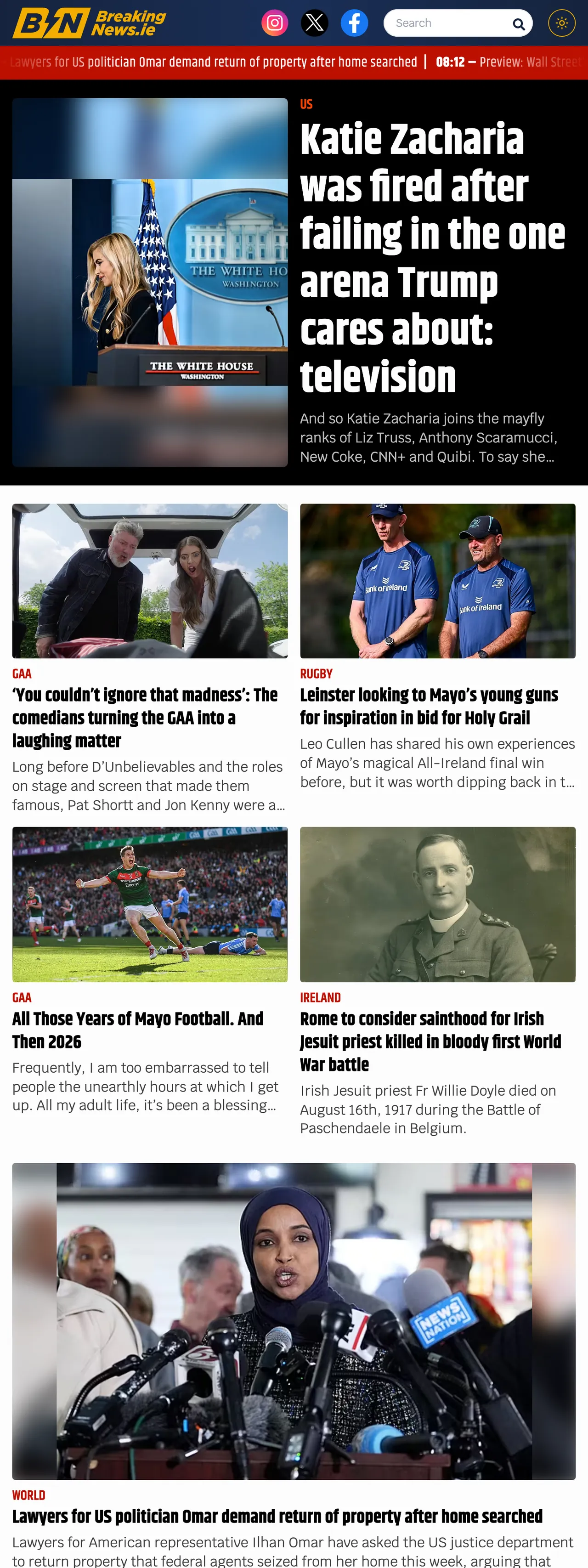 Screenshot of the BreakingNews.ie front page