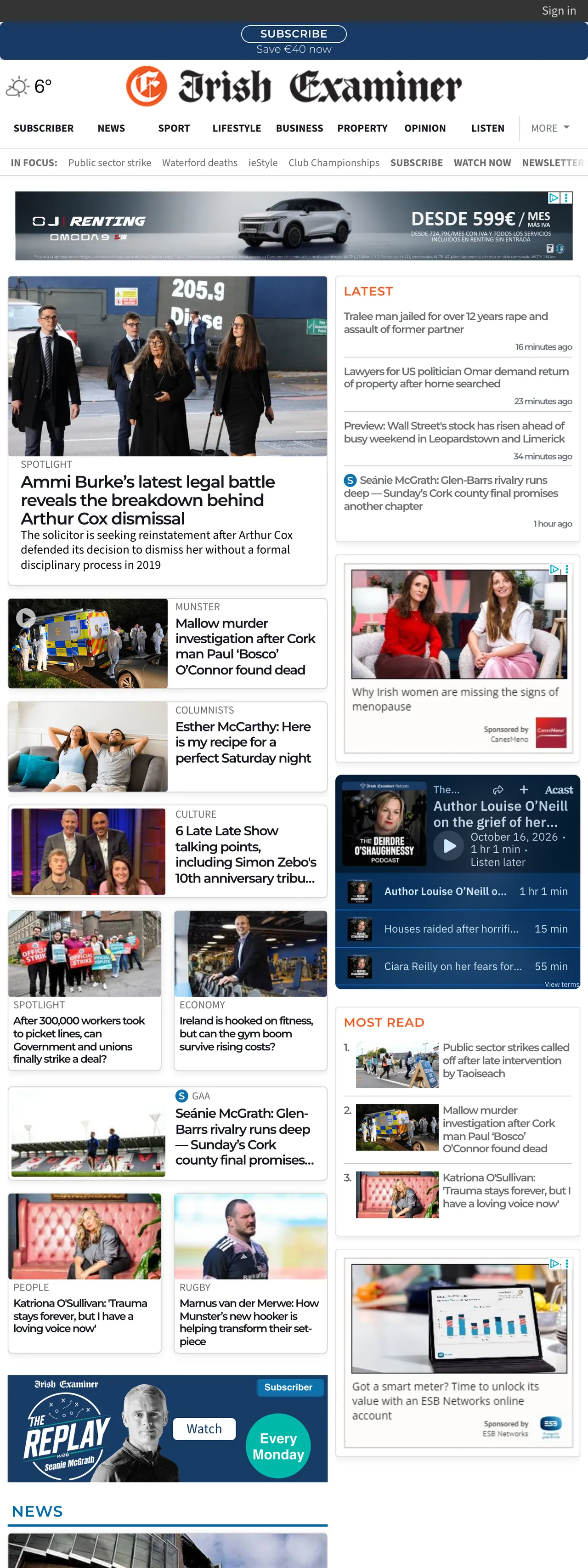 Screenshot of the Irish Examiner front page