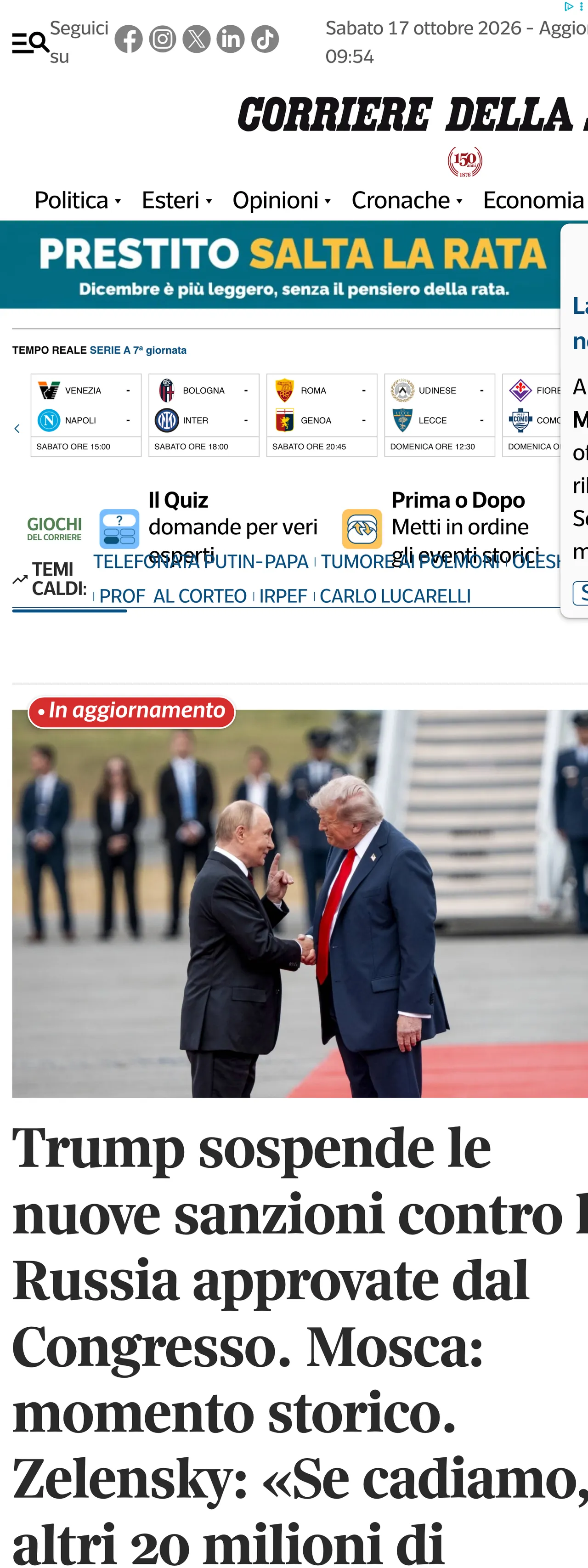 Screenshot of the Corriere della Sera front page