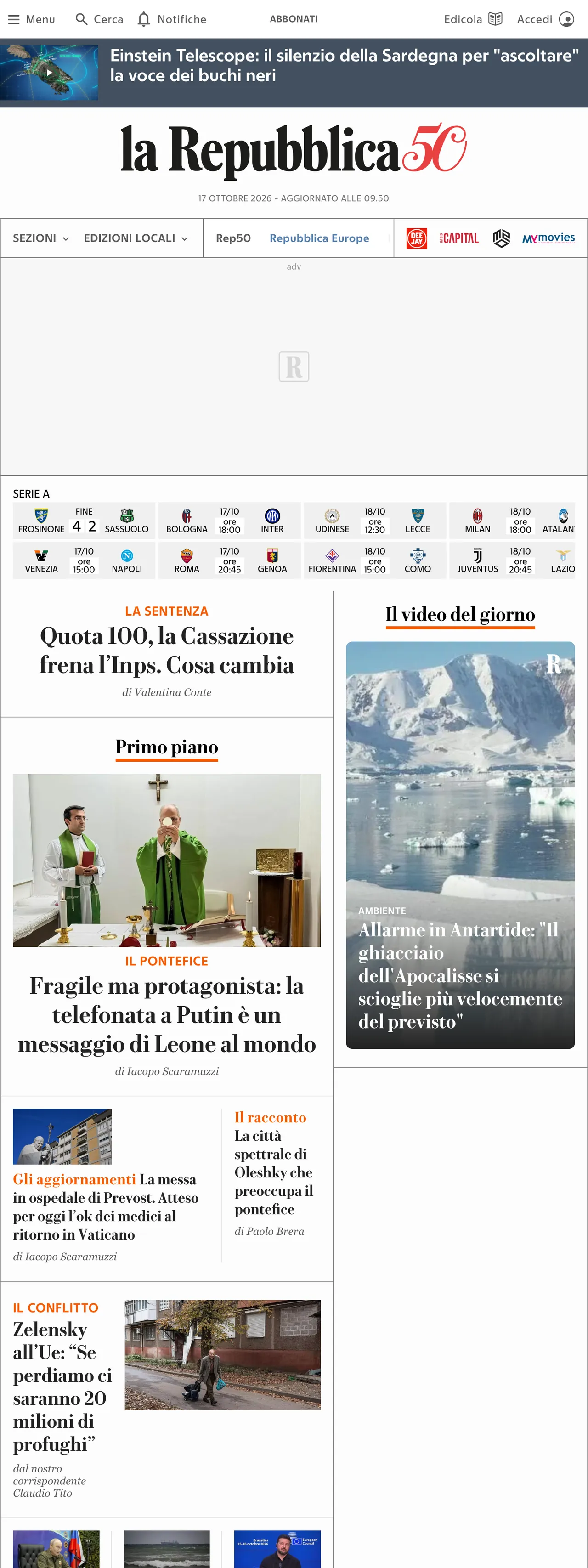 Screenshot of the la Repubblica front page