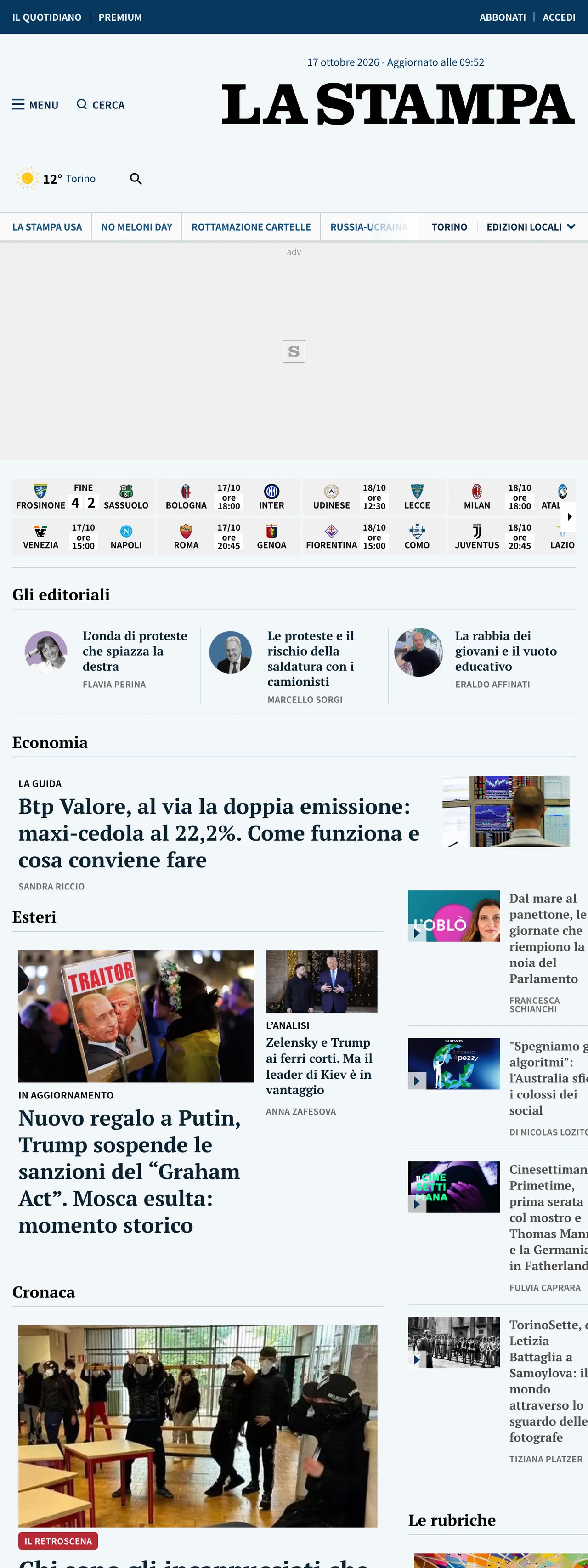 Screenshot of the La Stampa front page