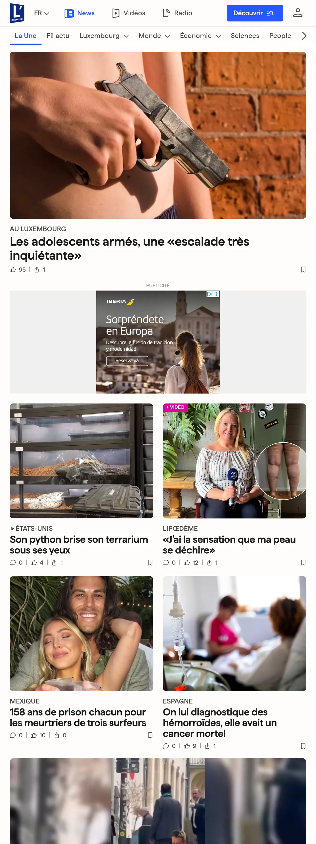 Screenshot of the L'essentiel front page