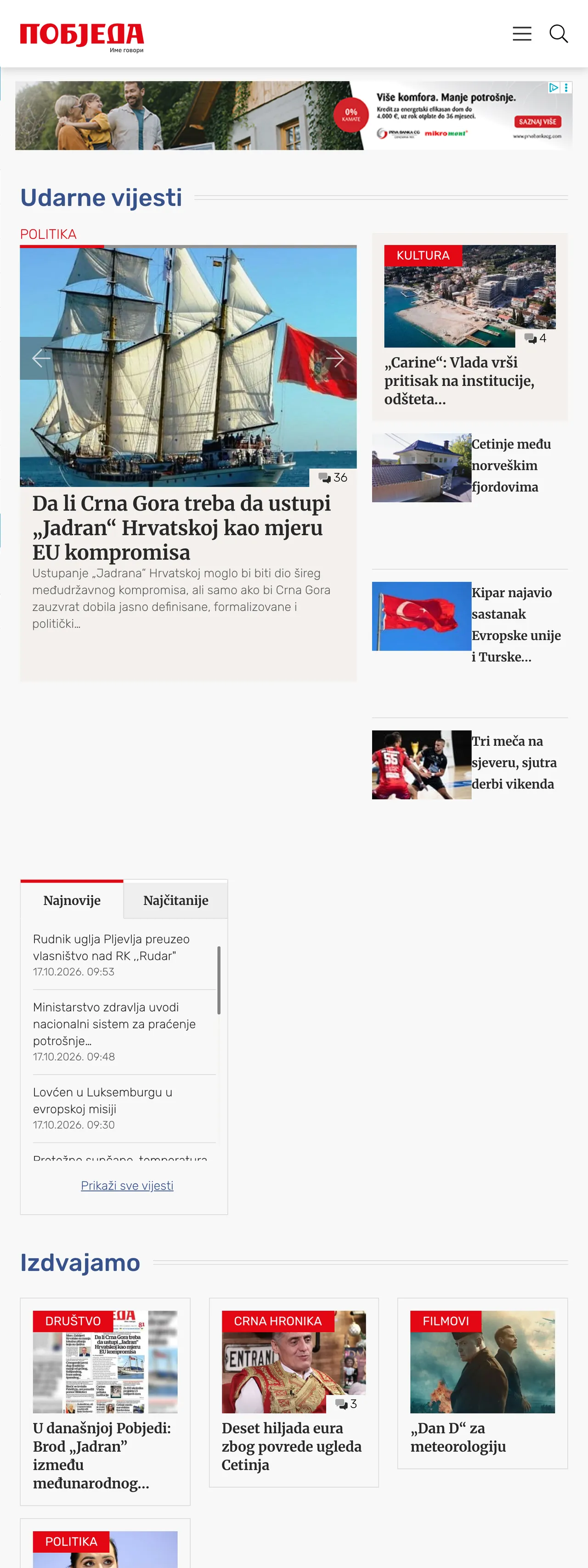 Screenshot of the Pobjeda front page