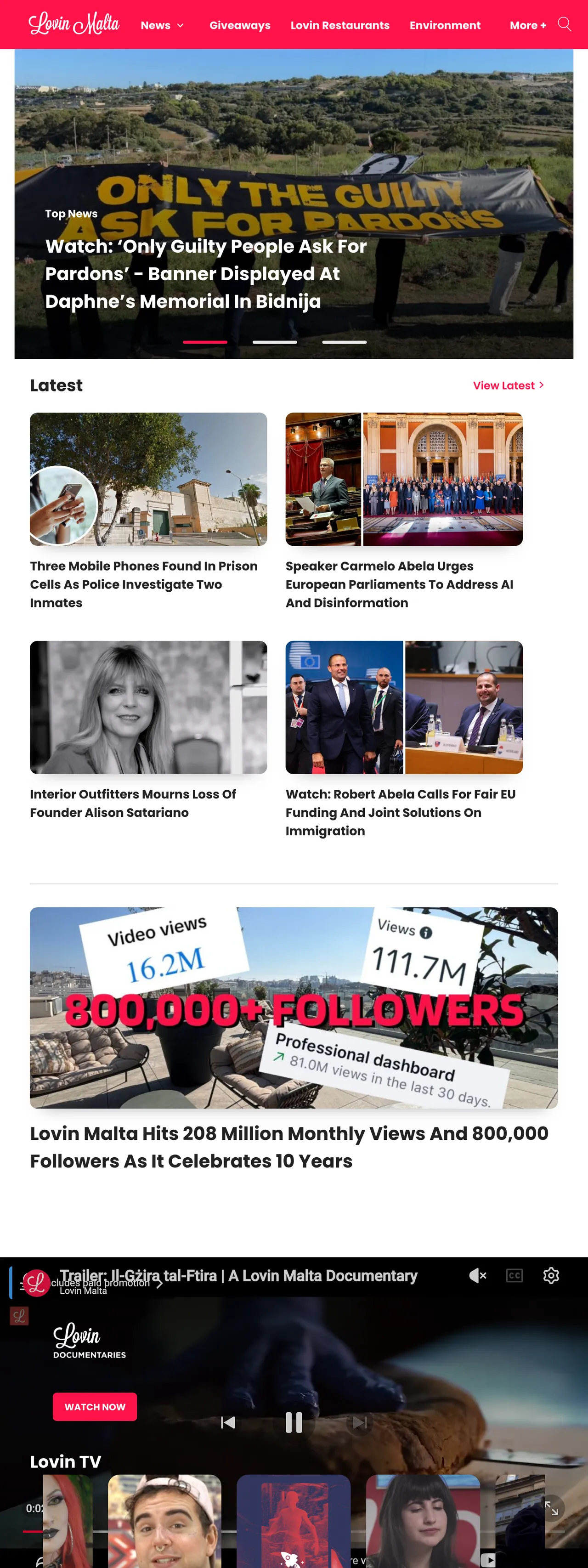 Screenshot of the Lovin Malta front page