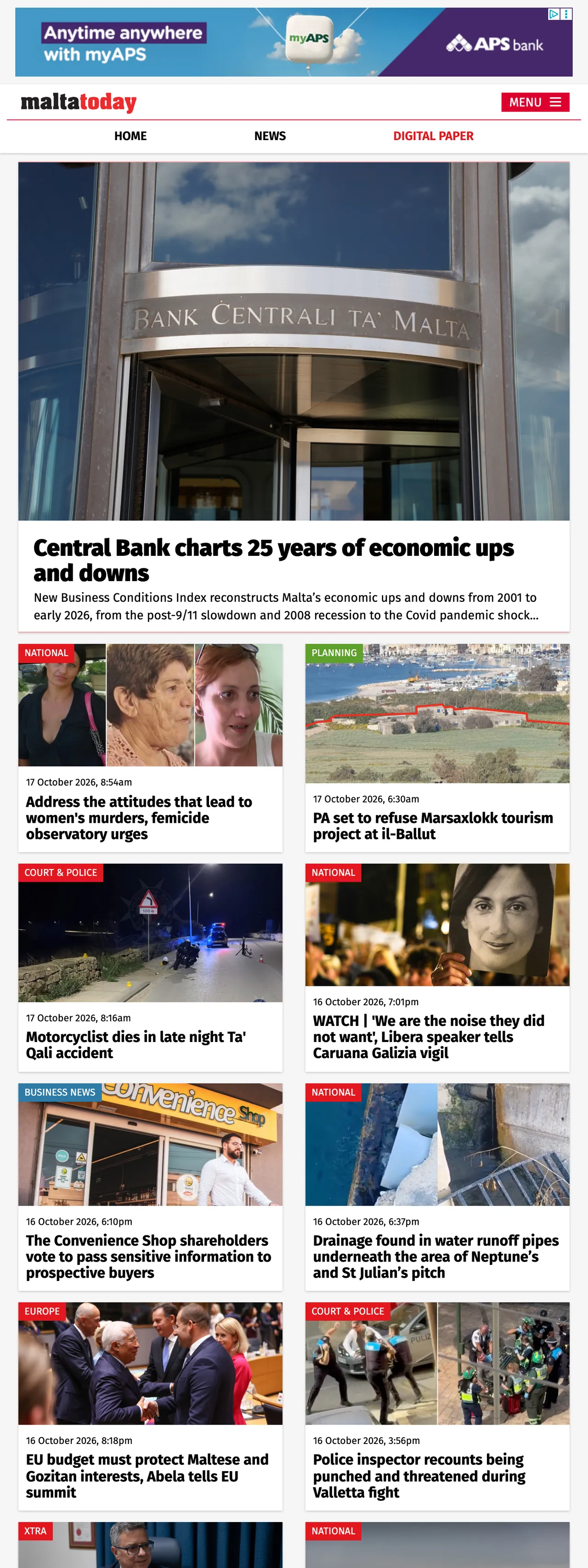 Screenshot of the Malta Today front page