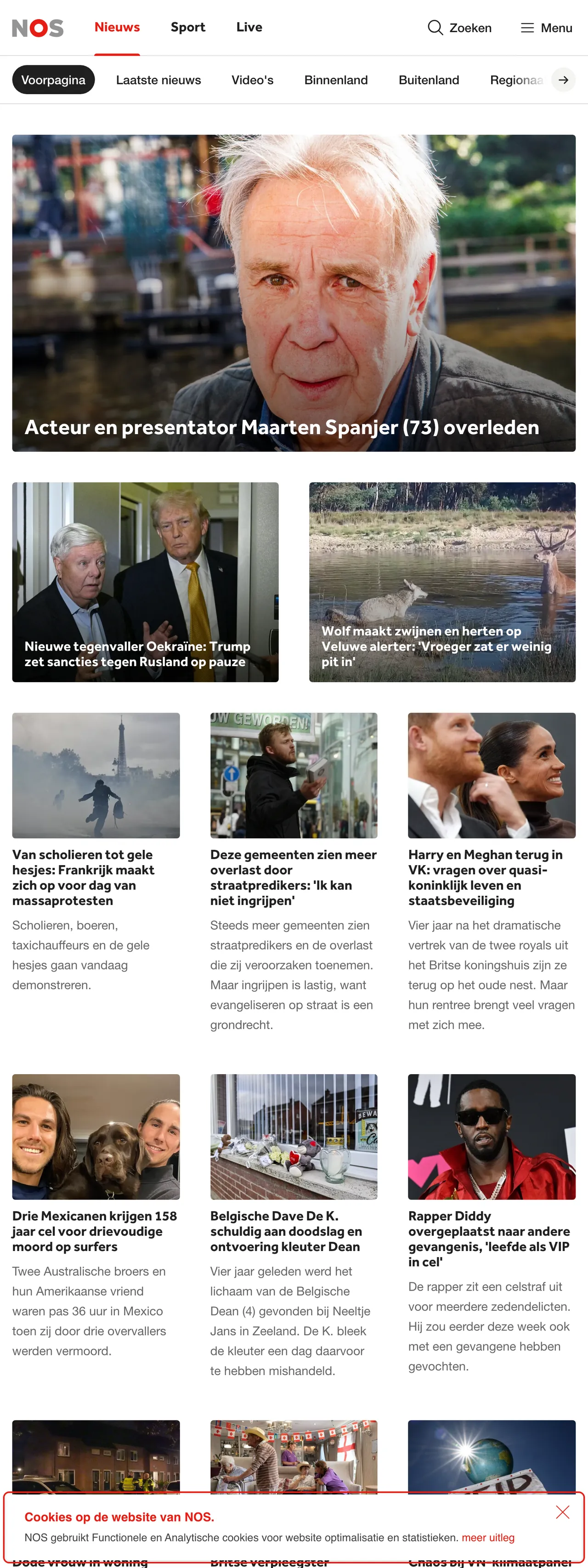 Screenshot of the NOS front page