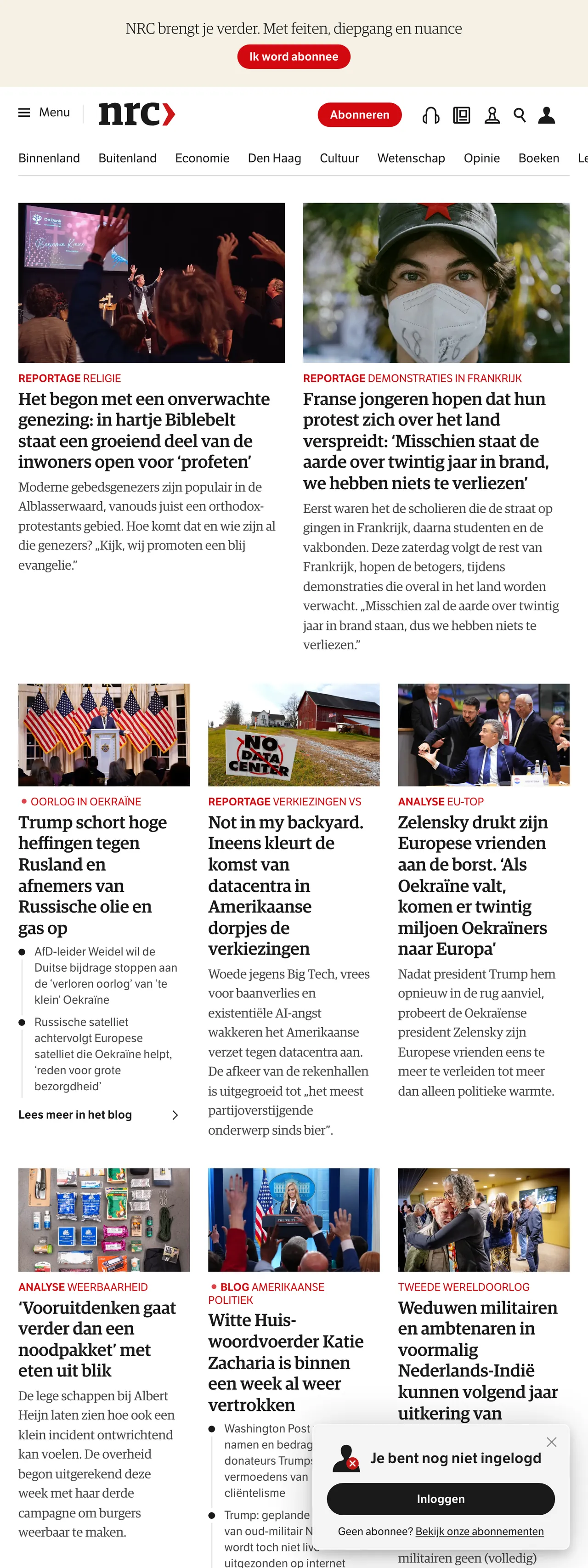 Screenshot of the NRC front page