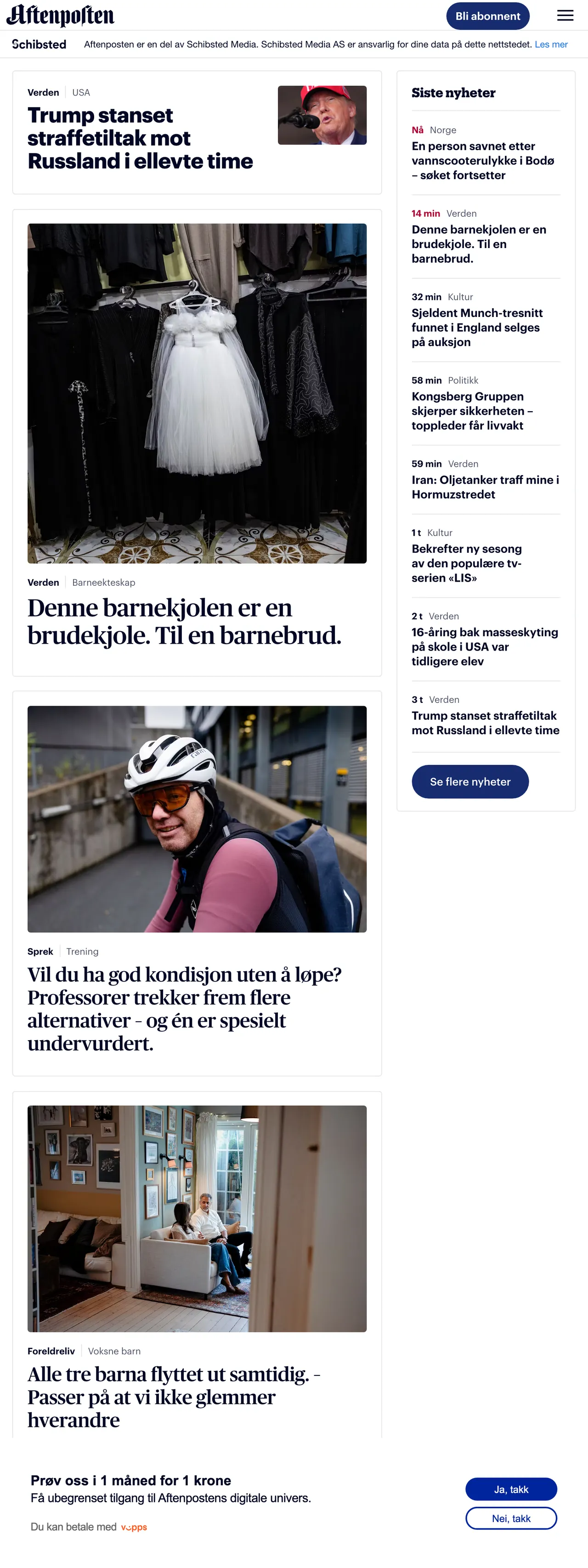 Screenshot of the Aftenposten front page