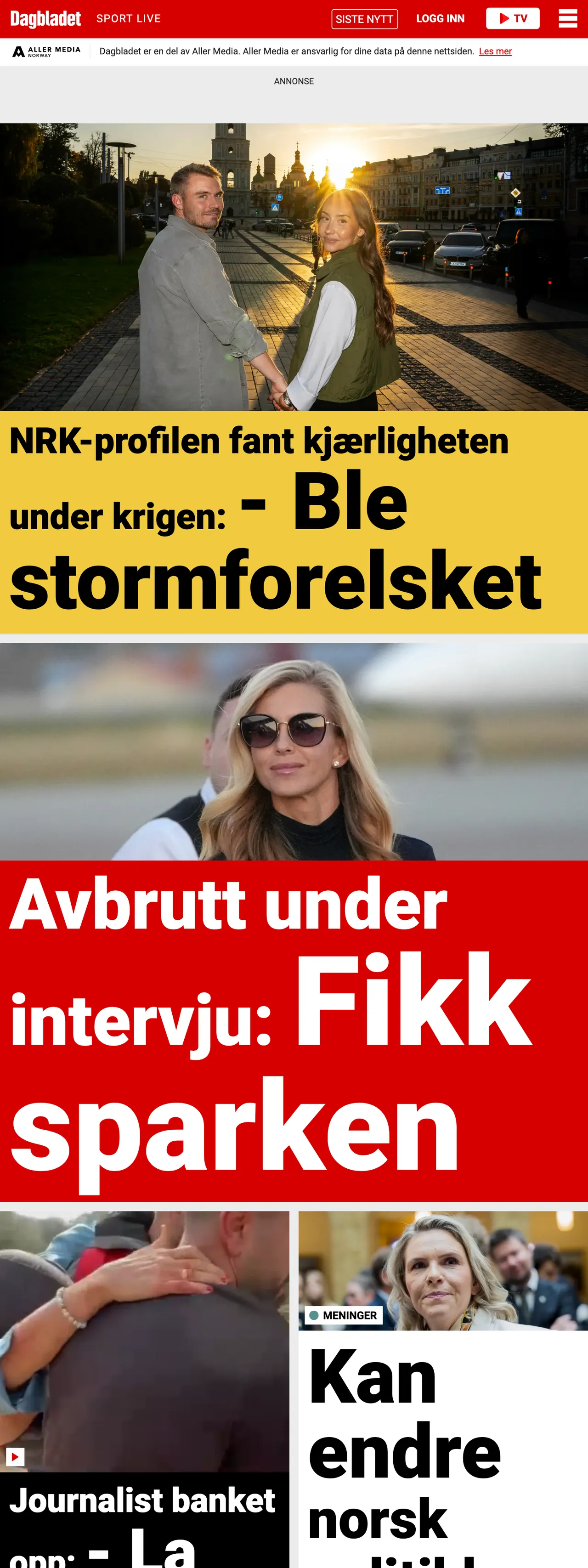 Screenshot of the Dagbladet front page