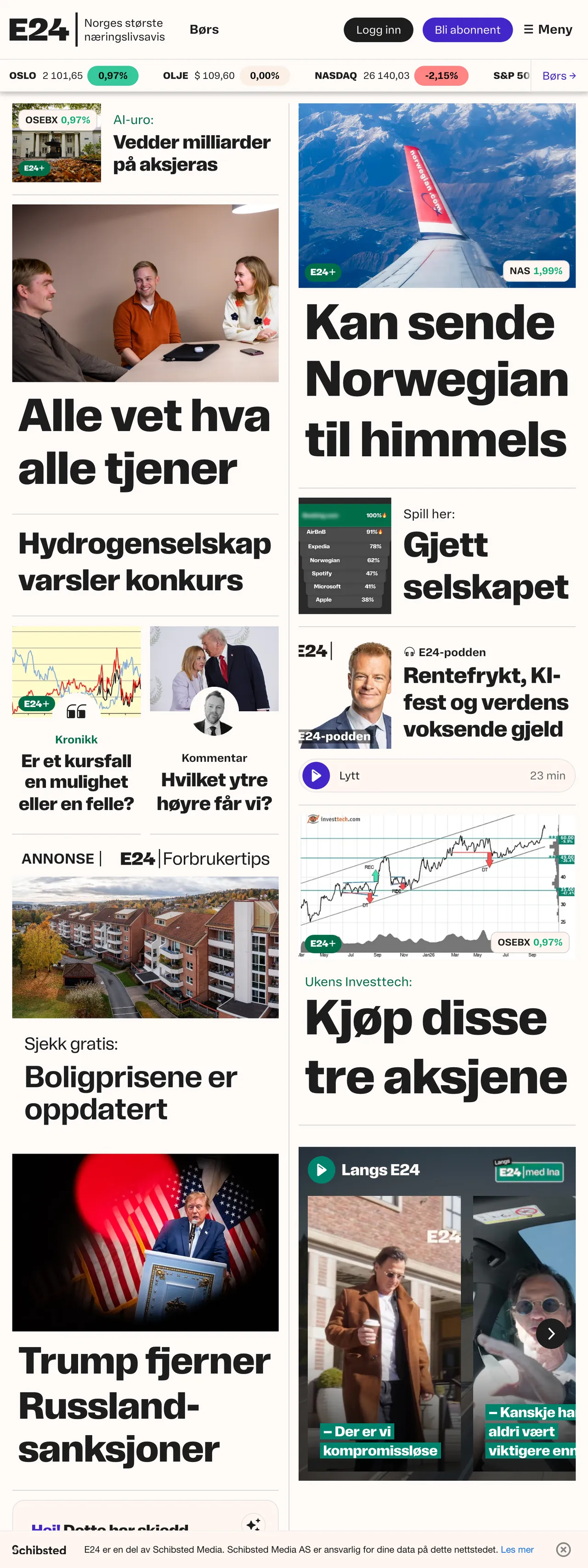 Screenshot of the E24 front page