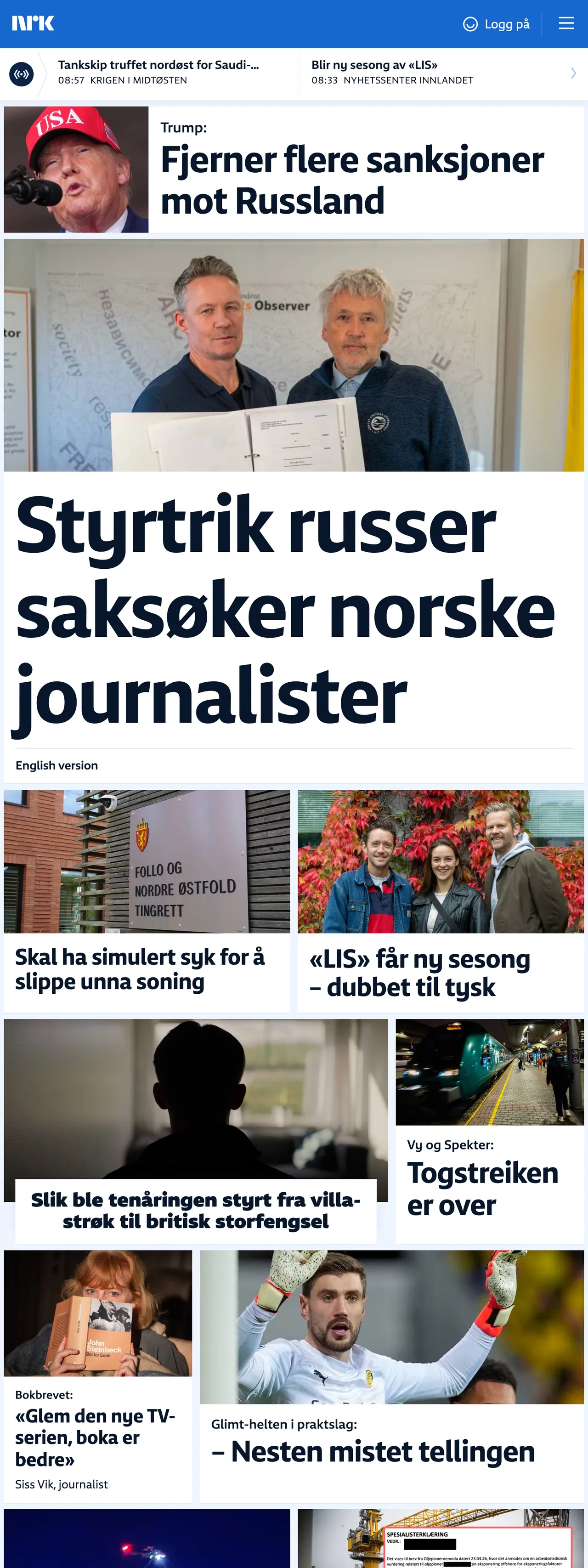Screenshot of the NRK front page