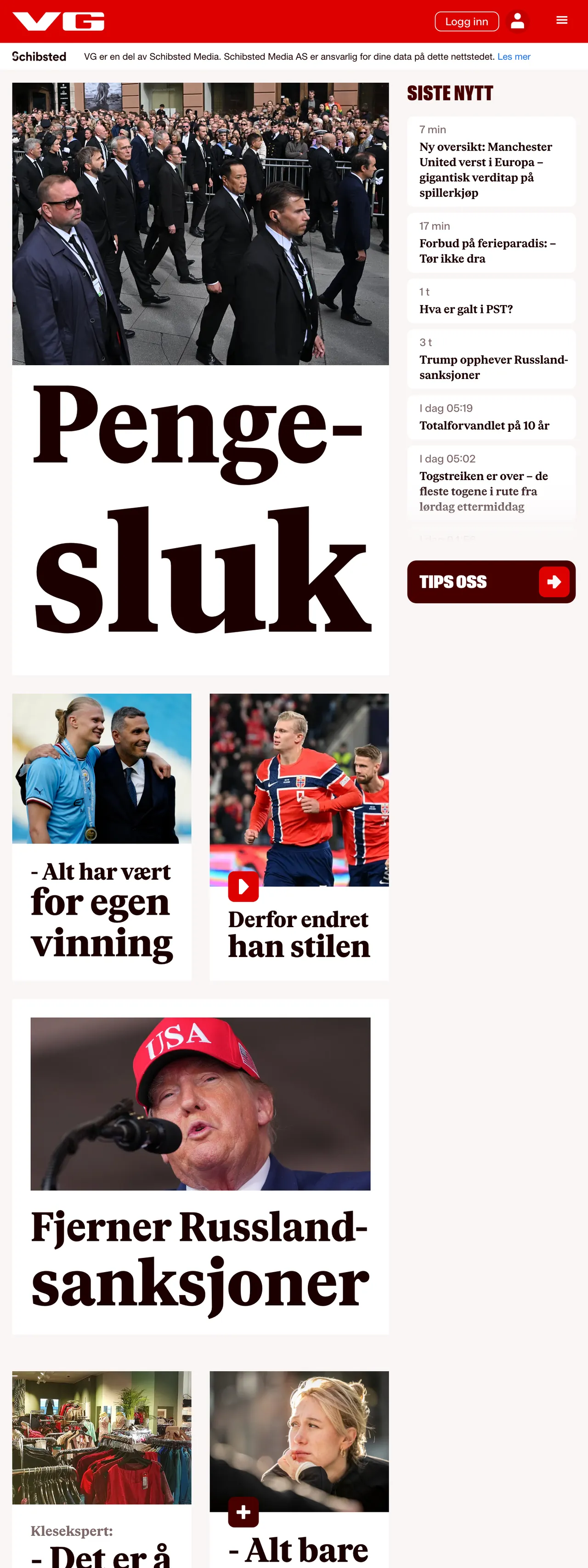 Screenshot of the VG front page