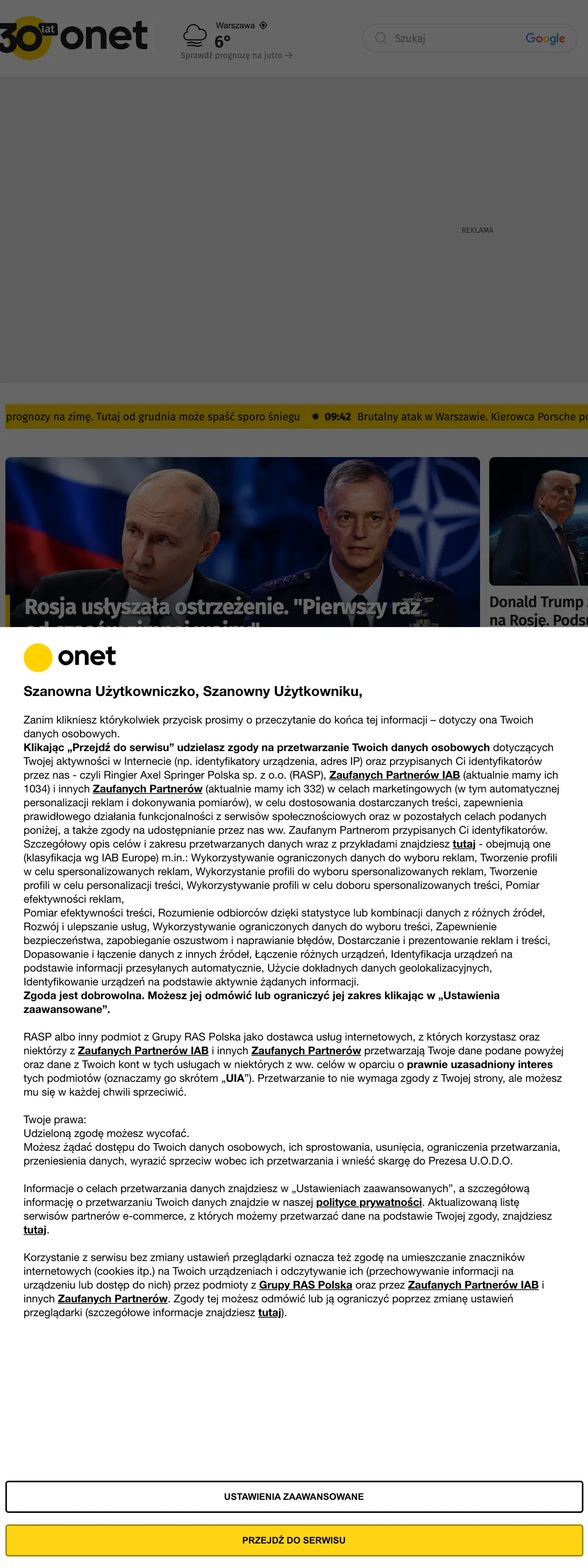 Screenshot of the Onet front page