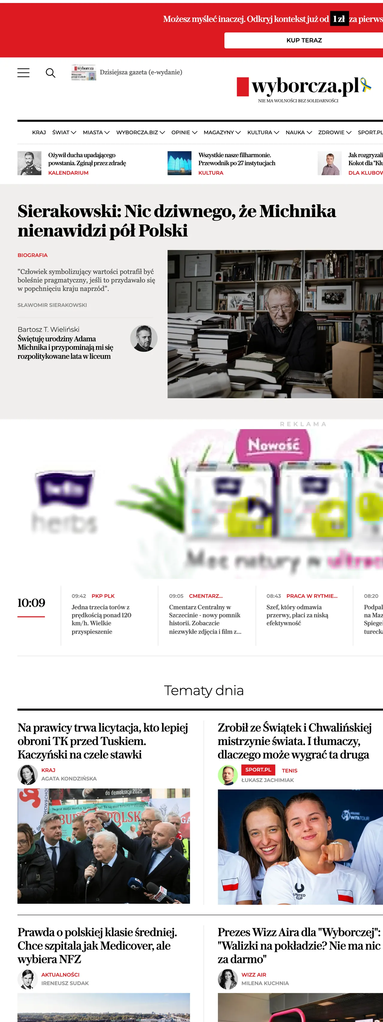 Screenshot of the Wyborcza front page