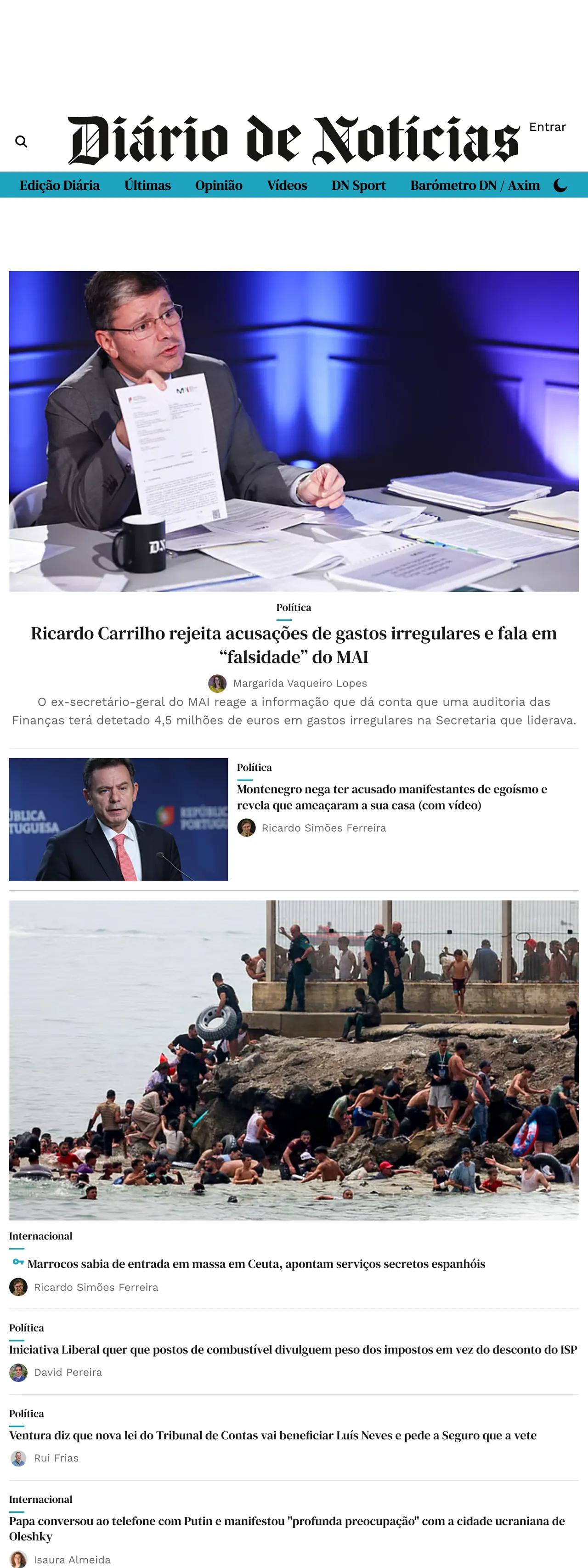 Screenshot of the Diário de Notícias front page
