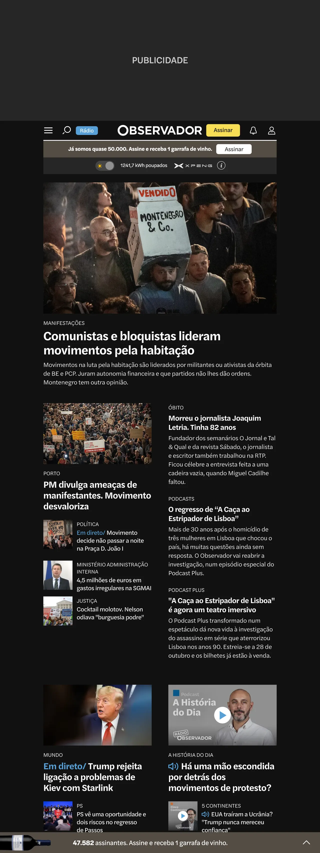 Screenshot of the Observador front page