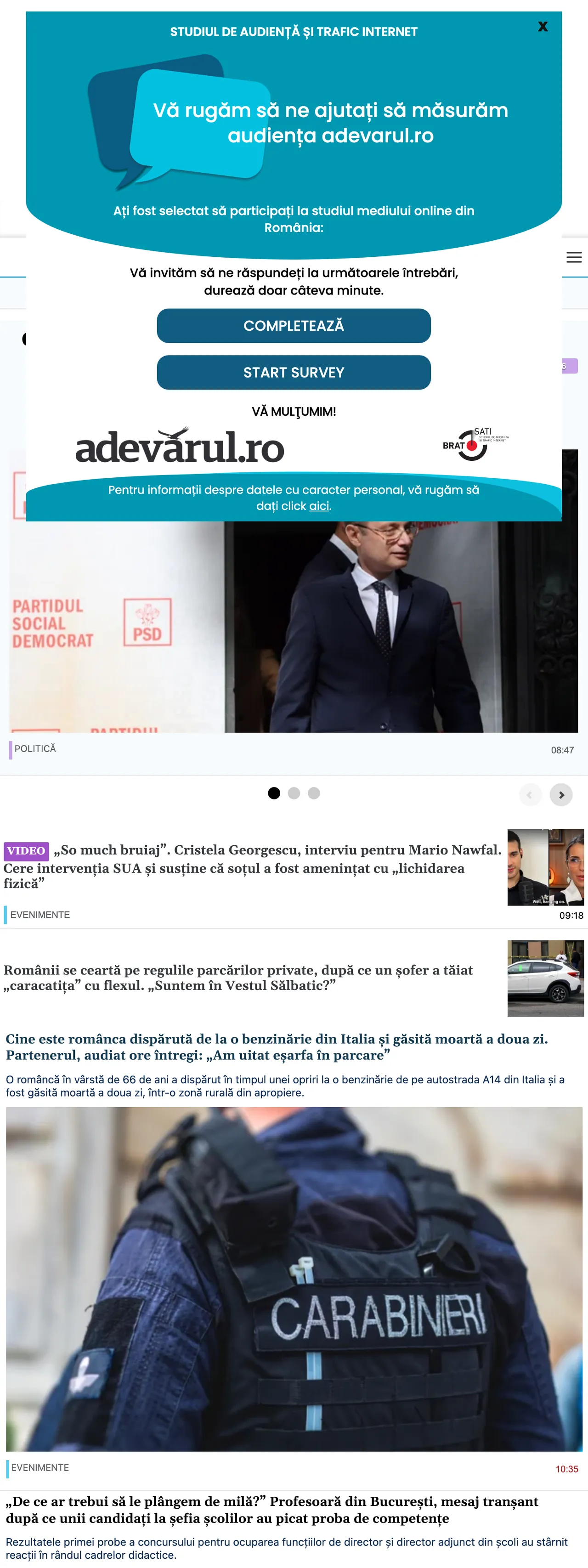 Screenshot of the Adevărul front page