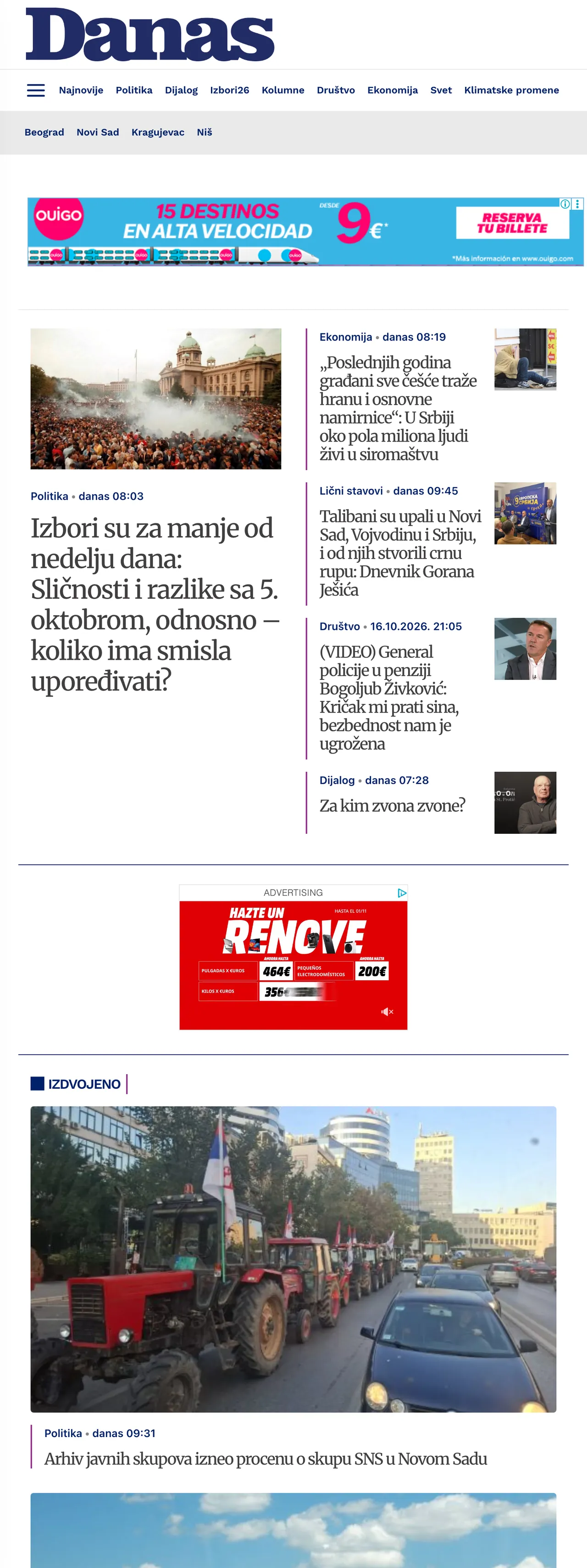 Screenshot of the Danas front page