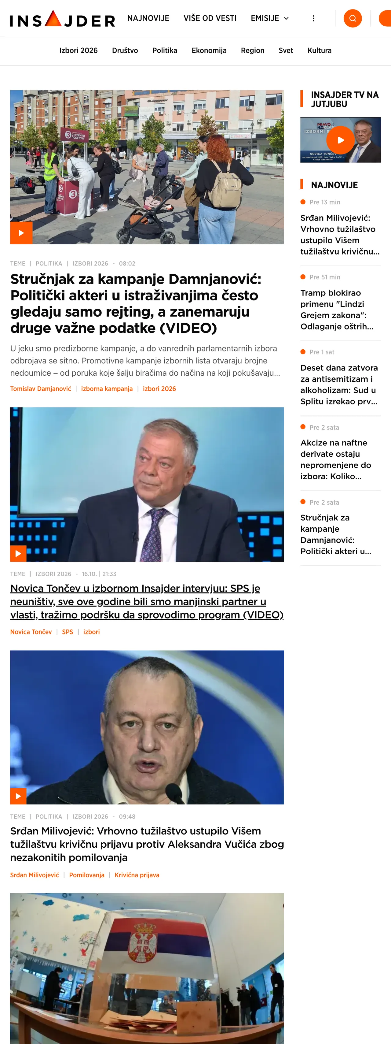 Screenshot of the Insajder front page