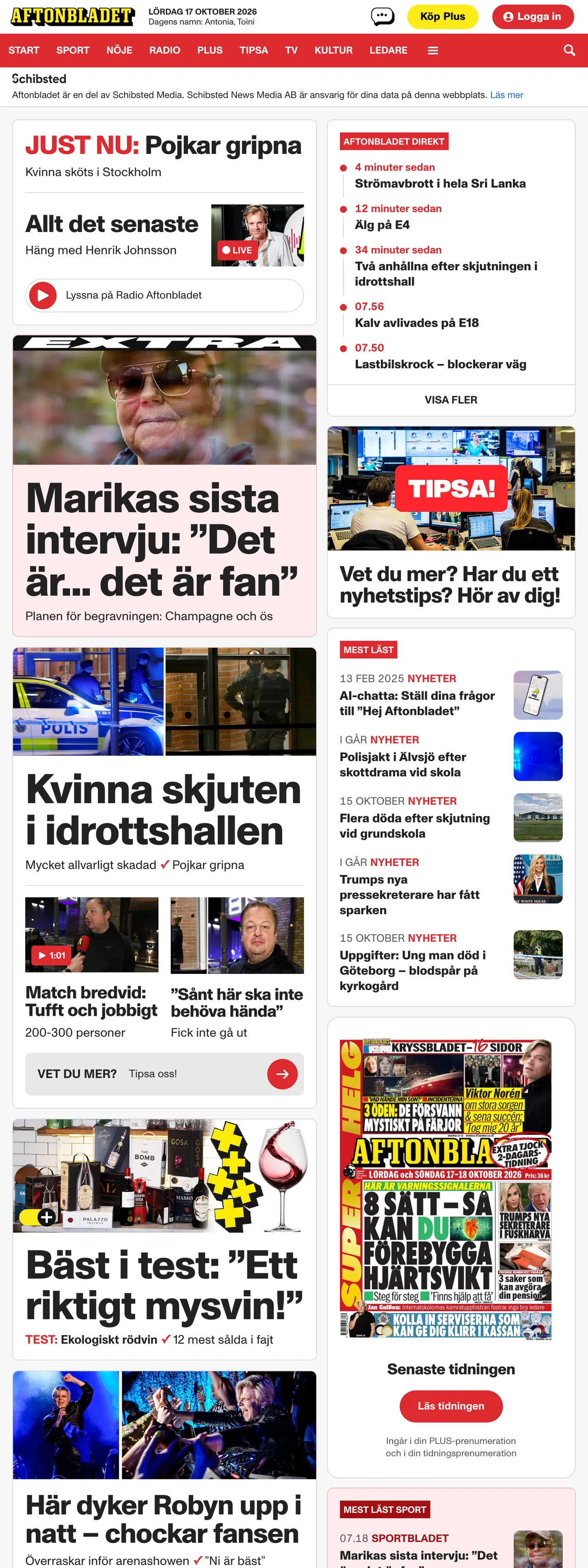 Screenshot of the Aftonbladet front page