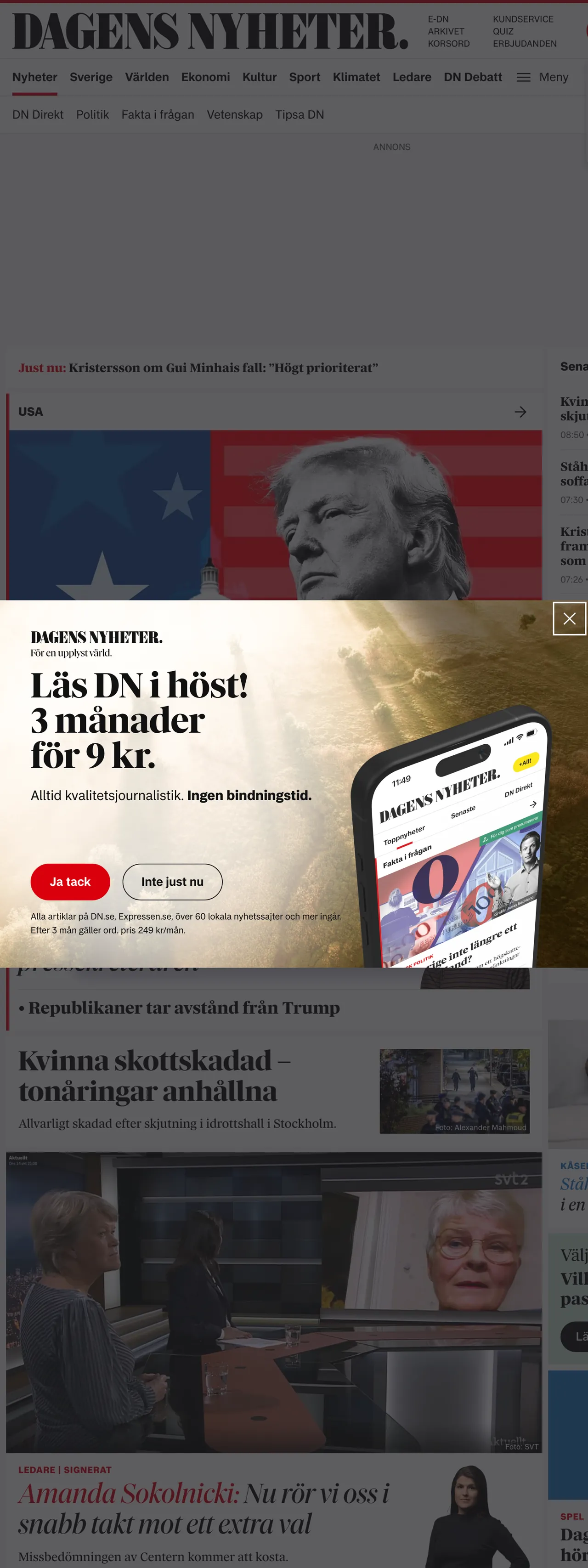 Screenshot of the Dagens Nyheter front page