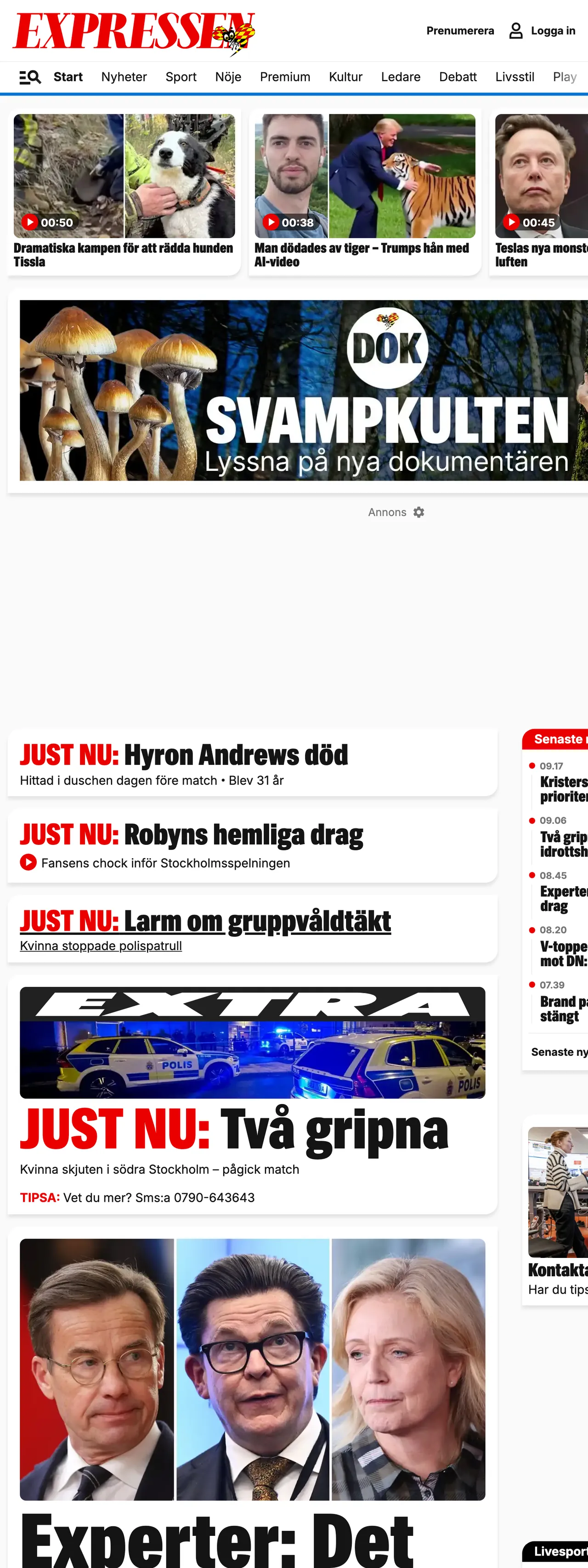 Screenshot of the Expressen front page