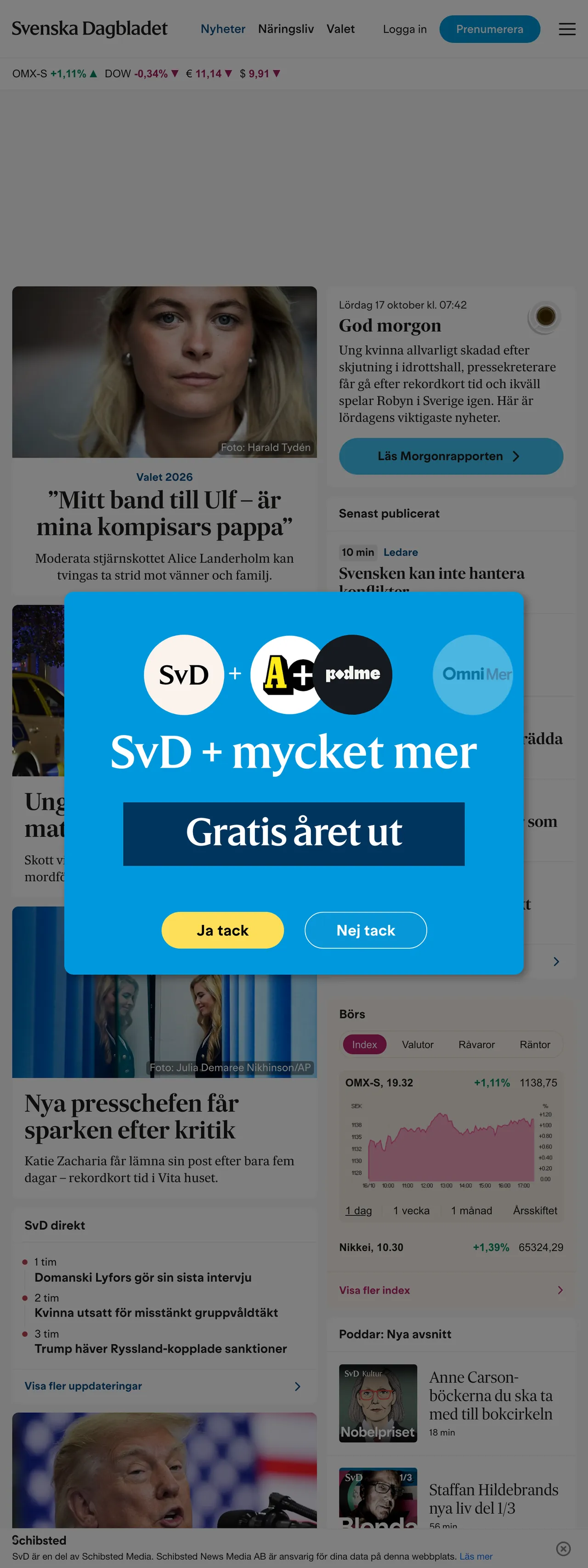 Screenshot of the Svenska Dagbladet front page