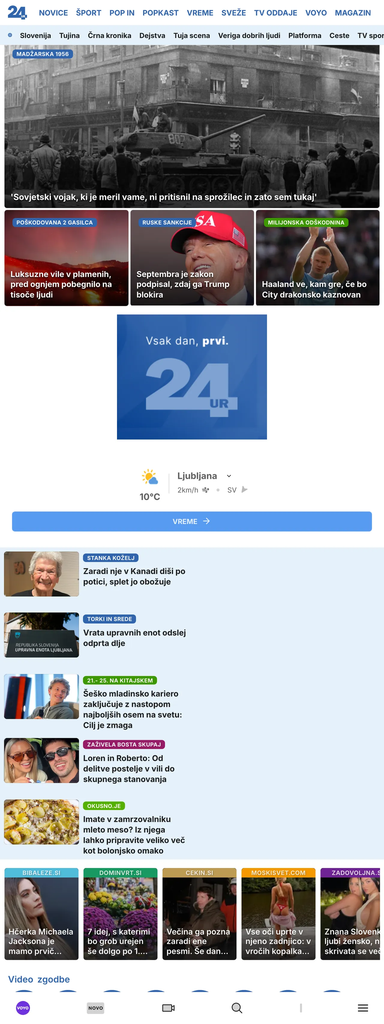 Screenshot of the 24ur front page