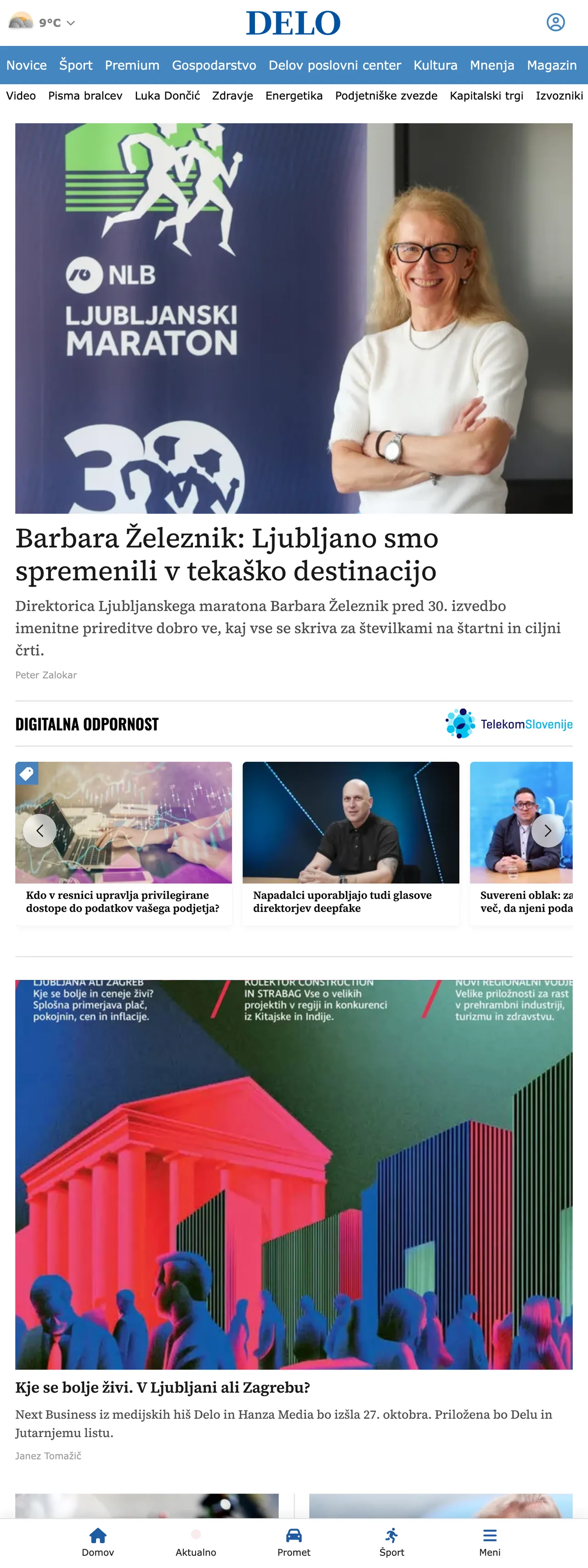 Screenshot of the Delo front page