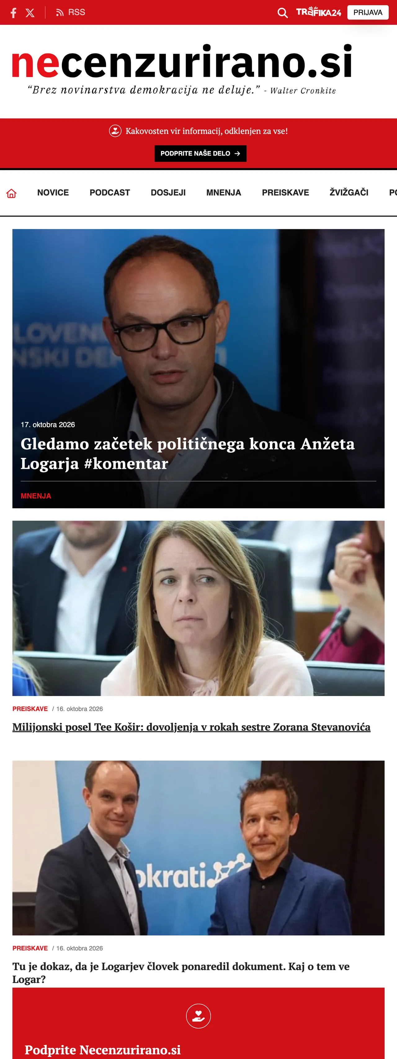 Screenshot of the Necenzurirano front page