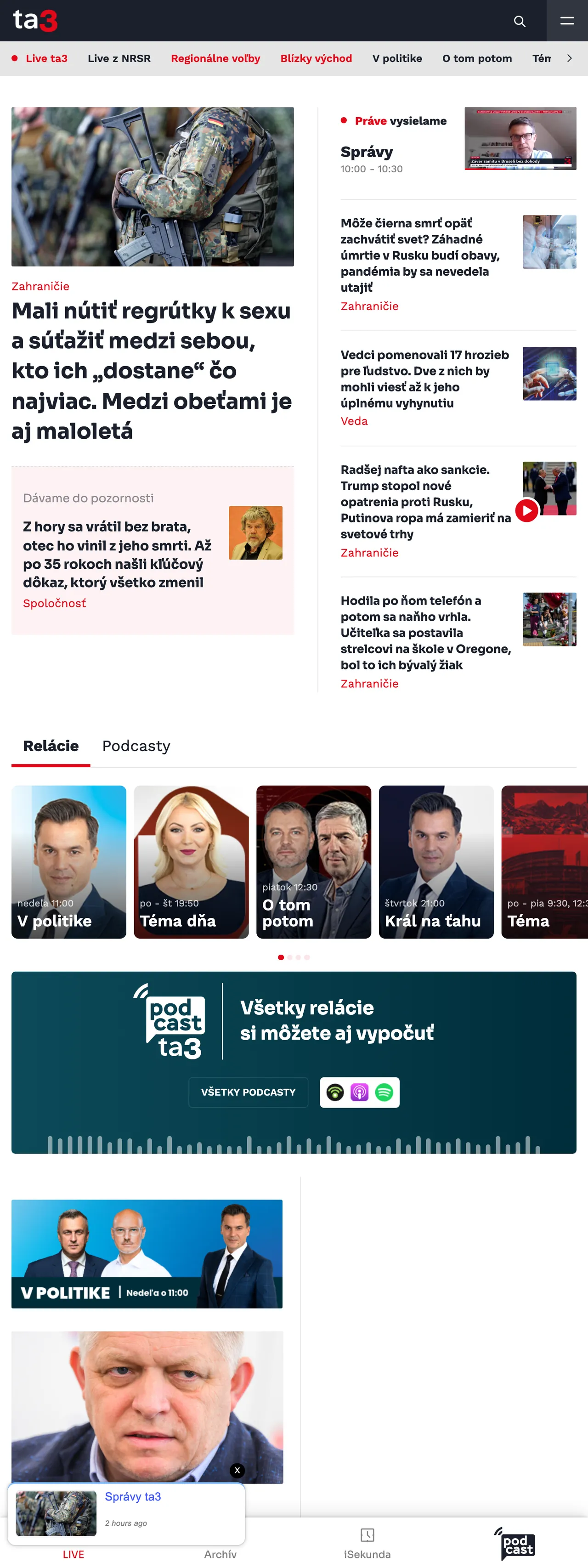 Screenshot of the TA3 front page