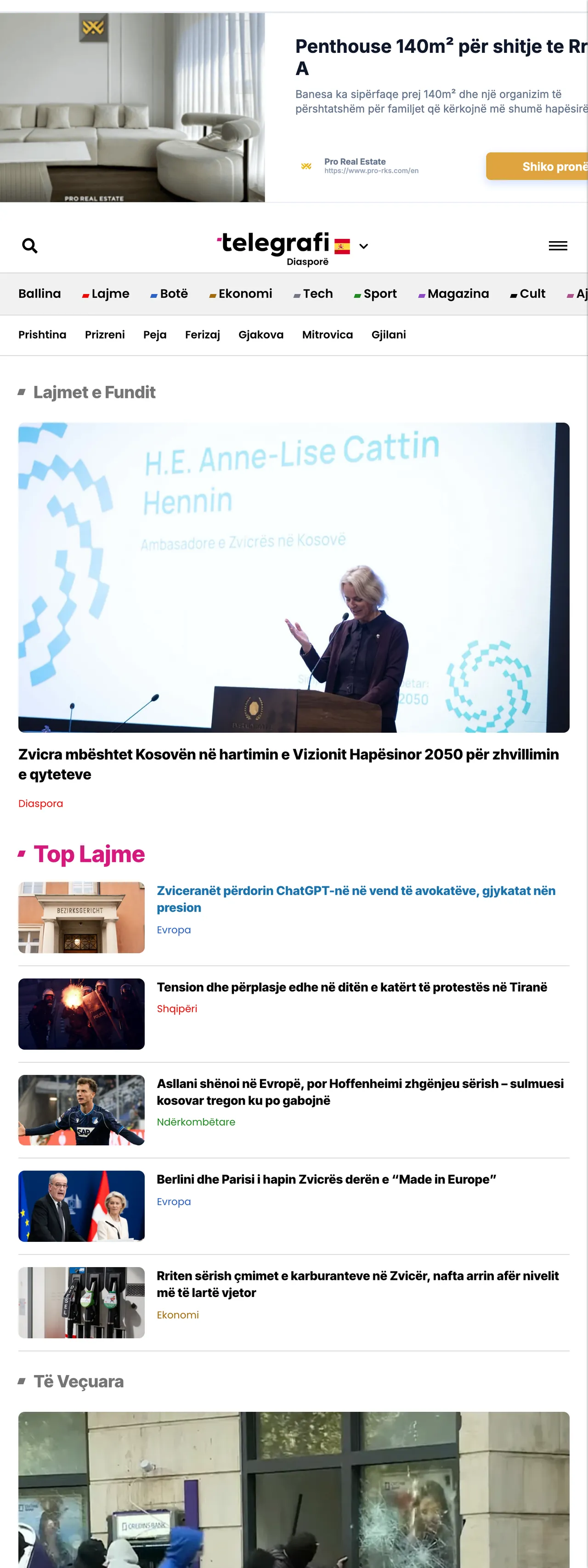 Screenshot of the Telegrafi front page