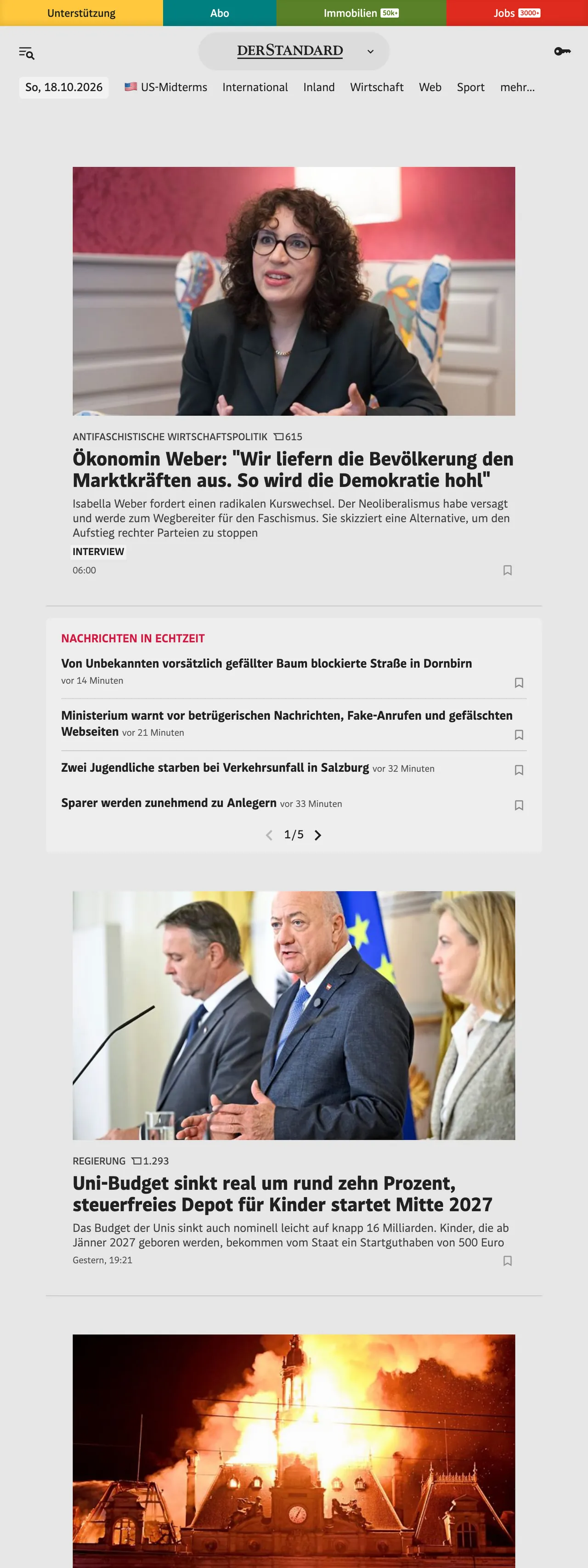Screenshot of the DER STANDARD front page