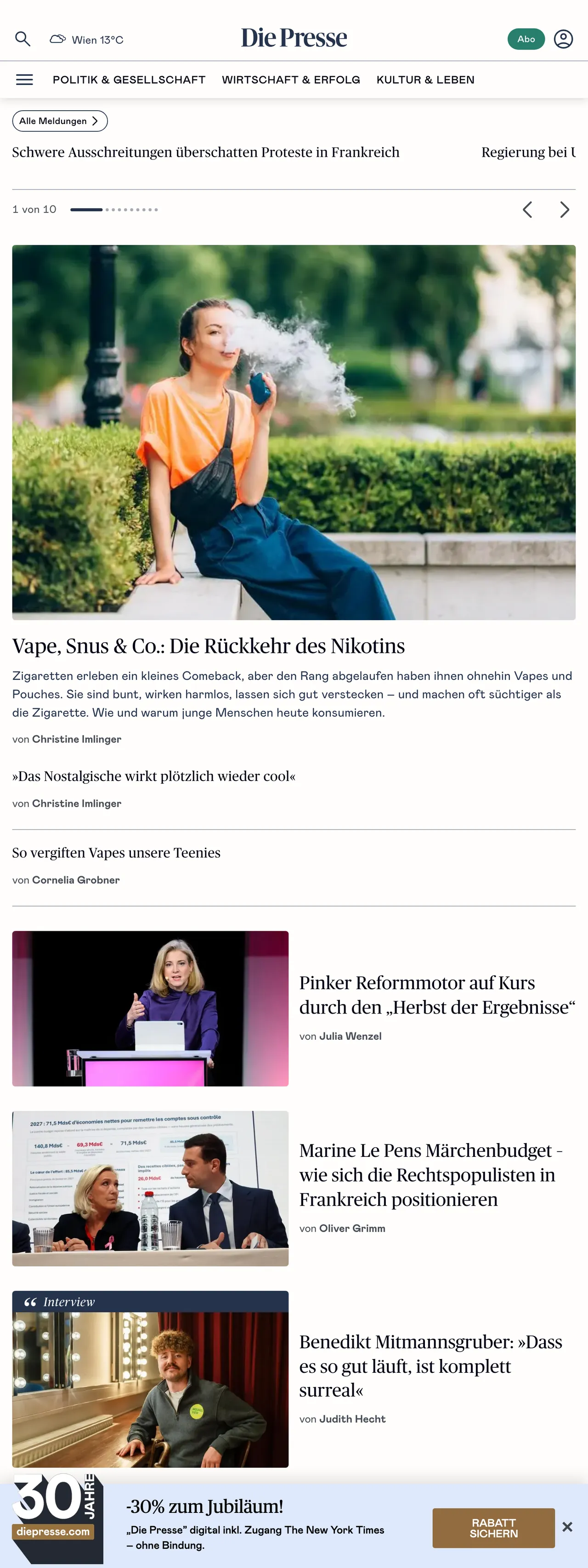 Screenshot of the Die Presse front page