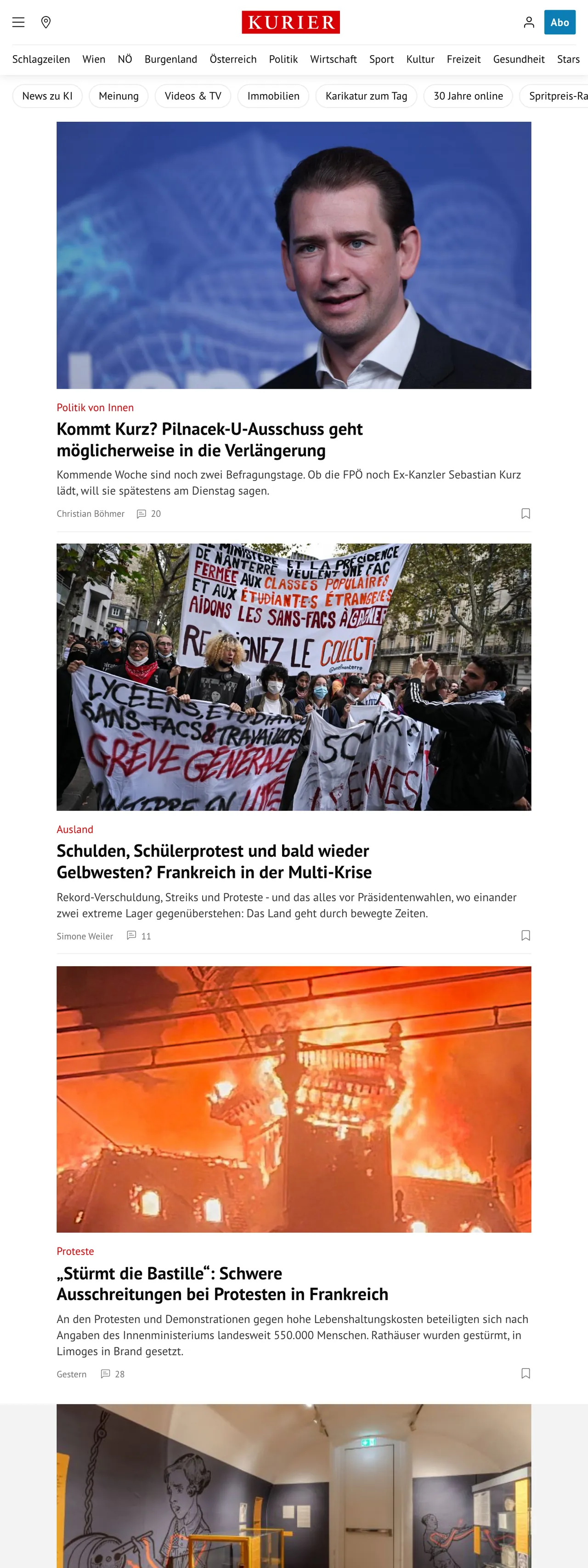 Screenshot of the Kurier front page